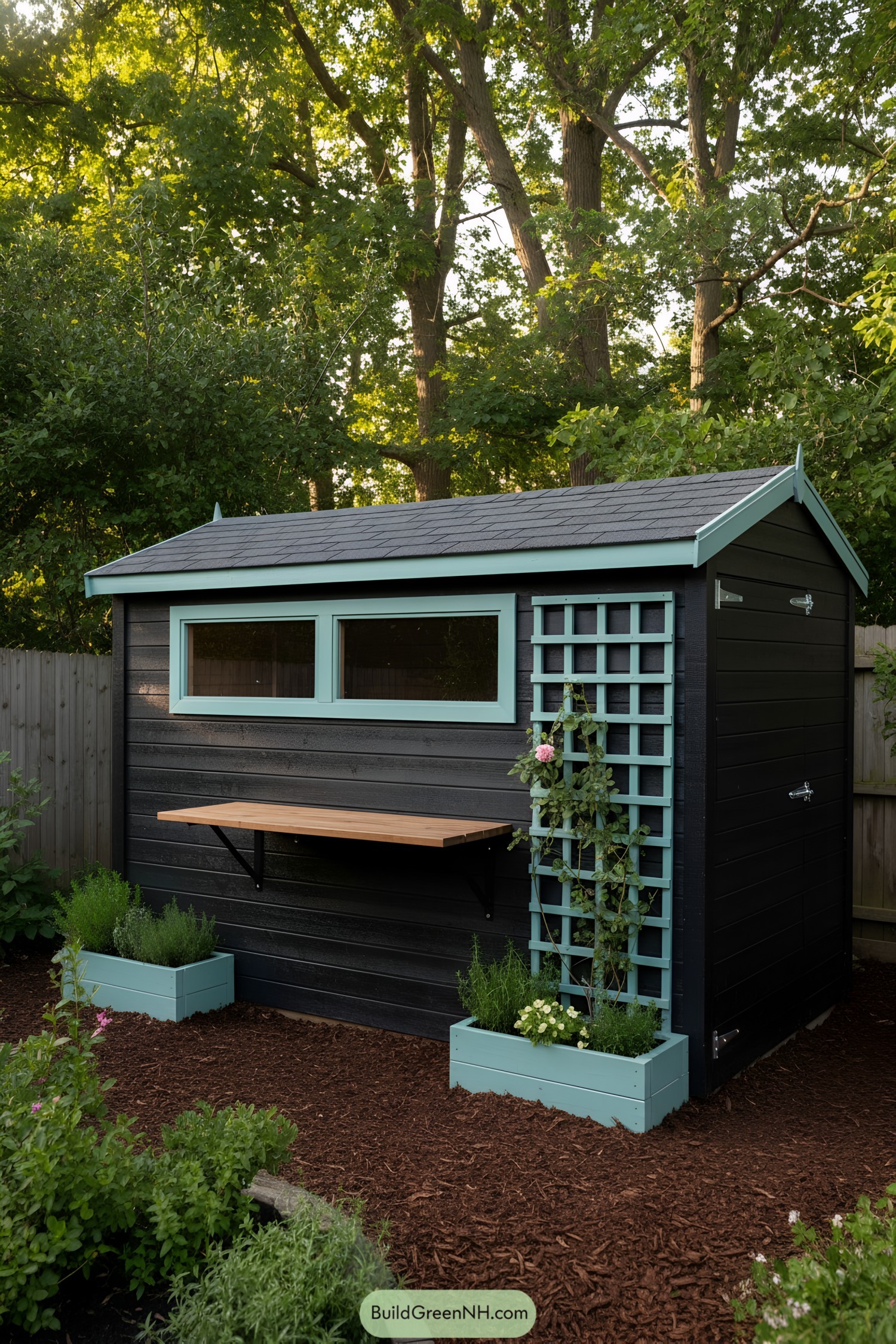 Black garden shed with teal trim, trellis, and fold-down workbench