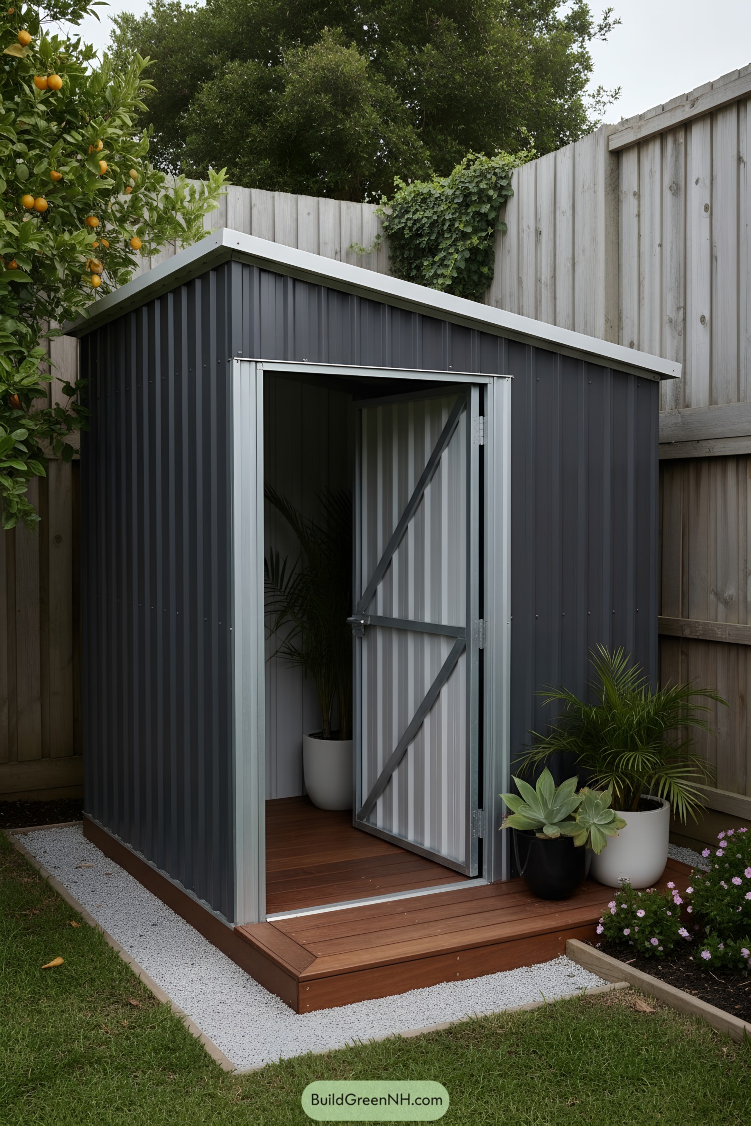 Small corrugated metal shed with open door on timber platform in a corner garden