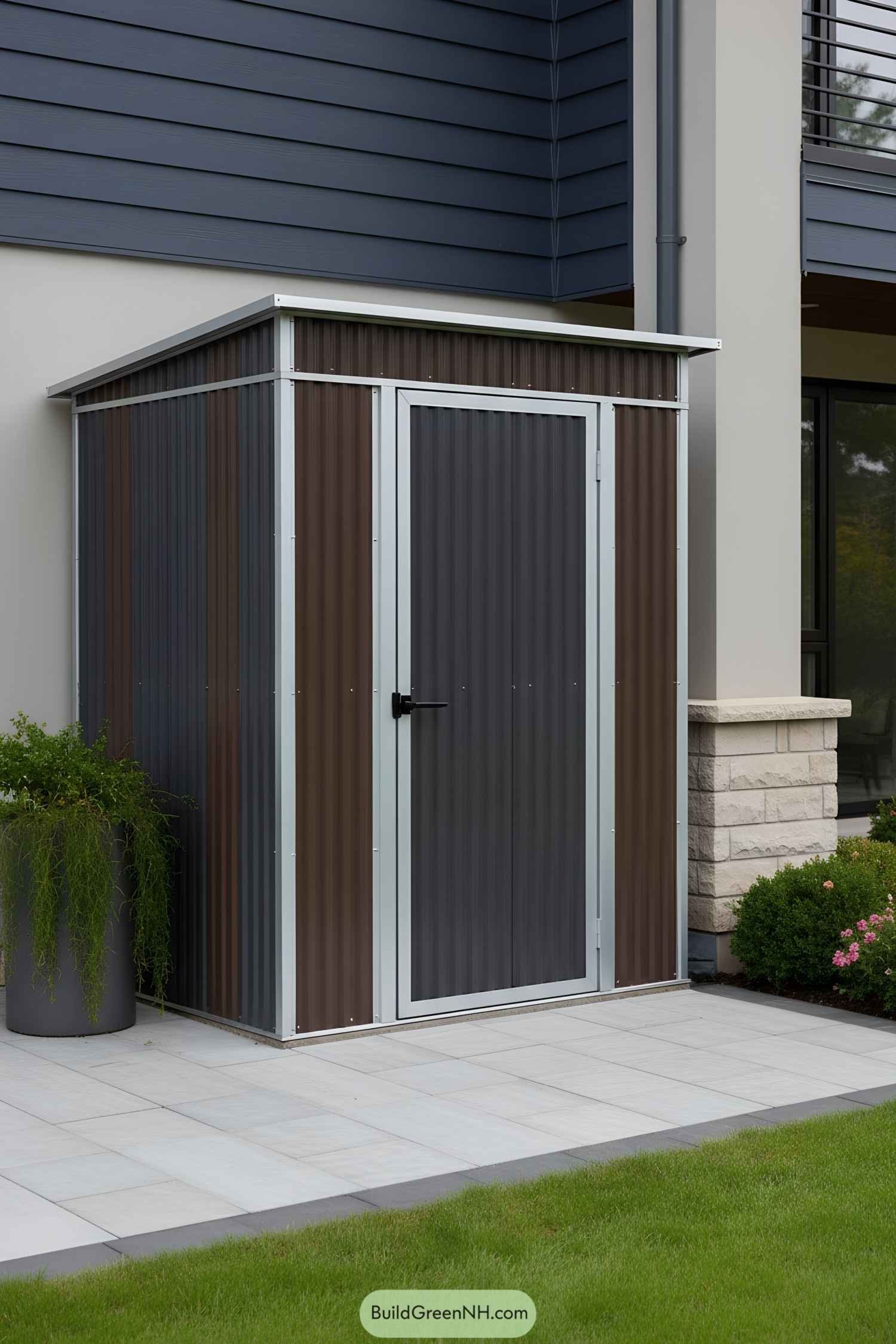 Compact metal garden shed with sloped roof