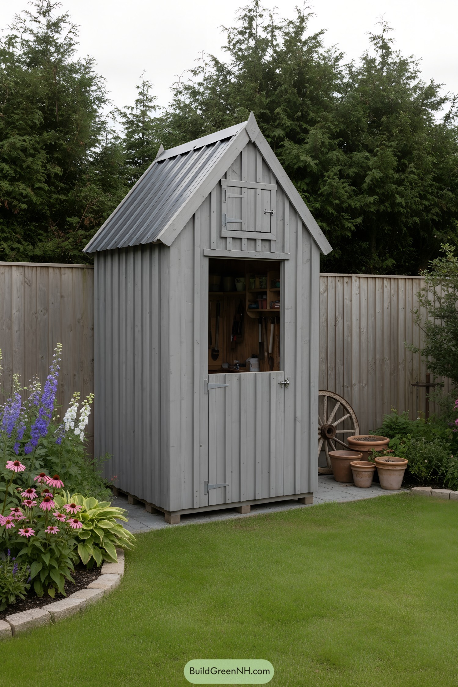 Tall gray shed with steep metal roof