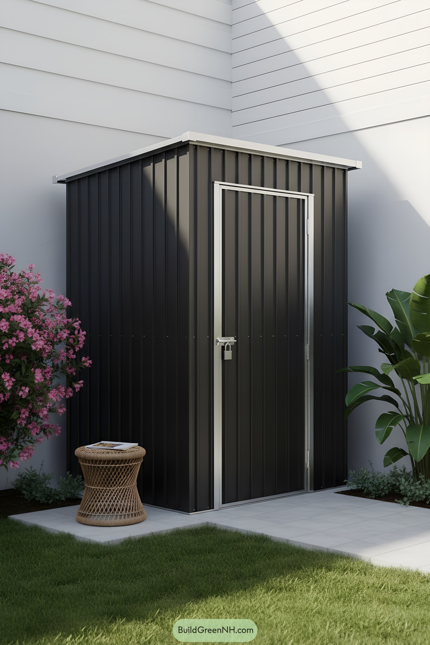 Compact black metal shed with silver trim