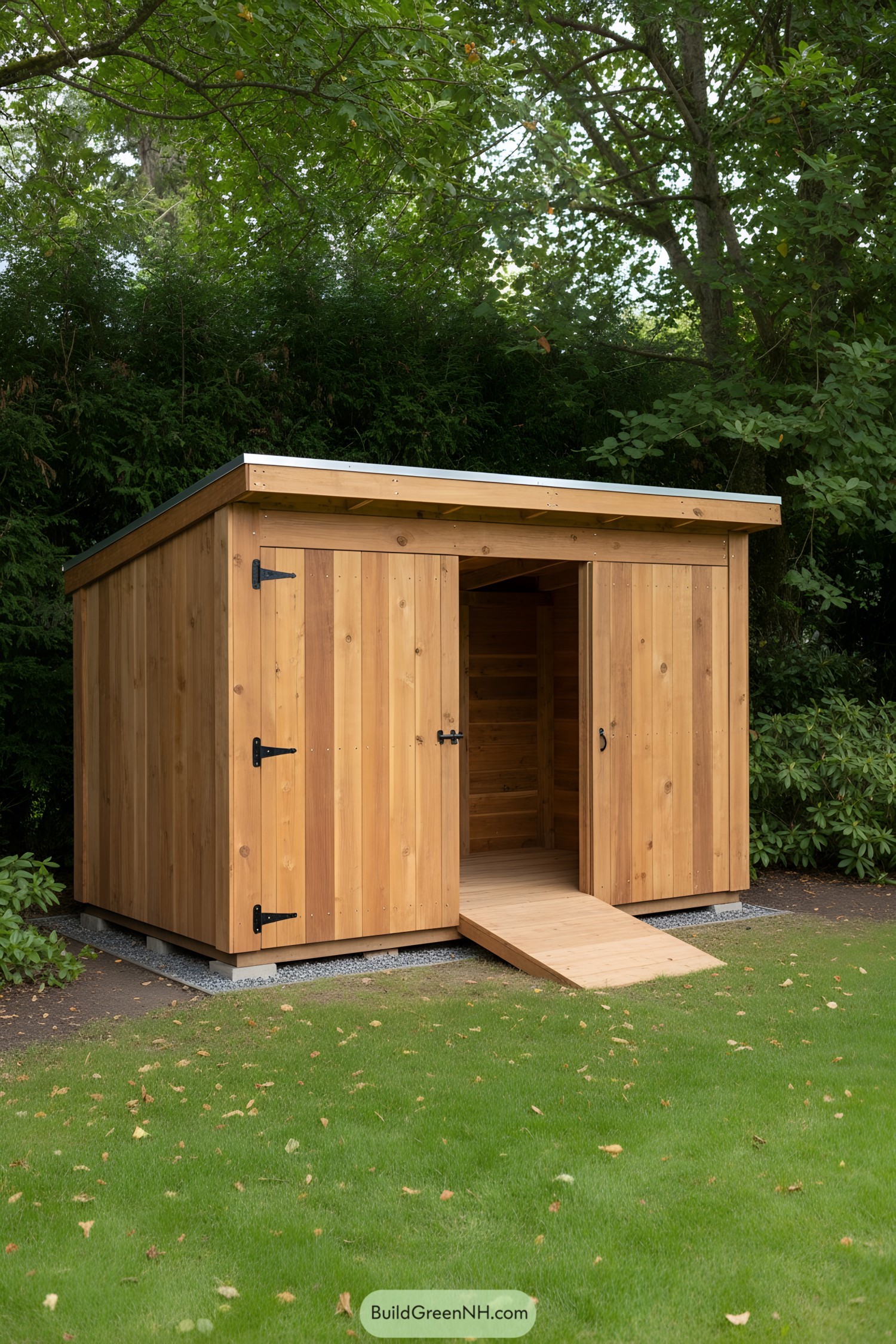 Cedar shed with sloped roof and ramp
