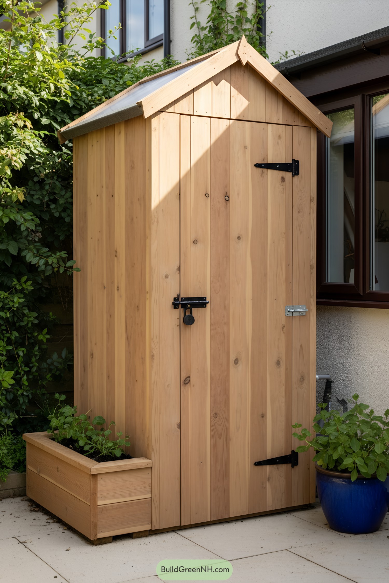 Tall cedar shed with gable roof and planter