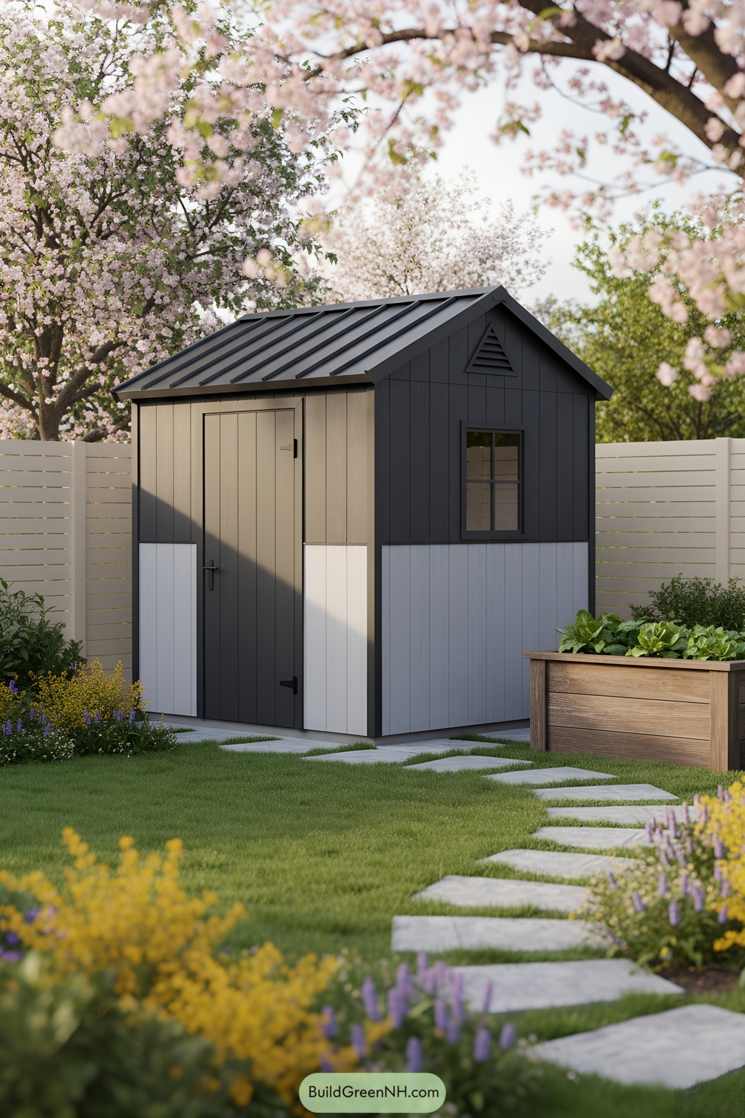 Compact charcoal-and-white shed with gable roof