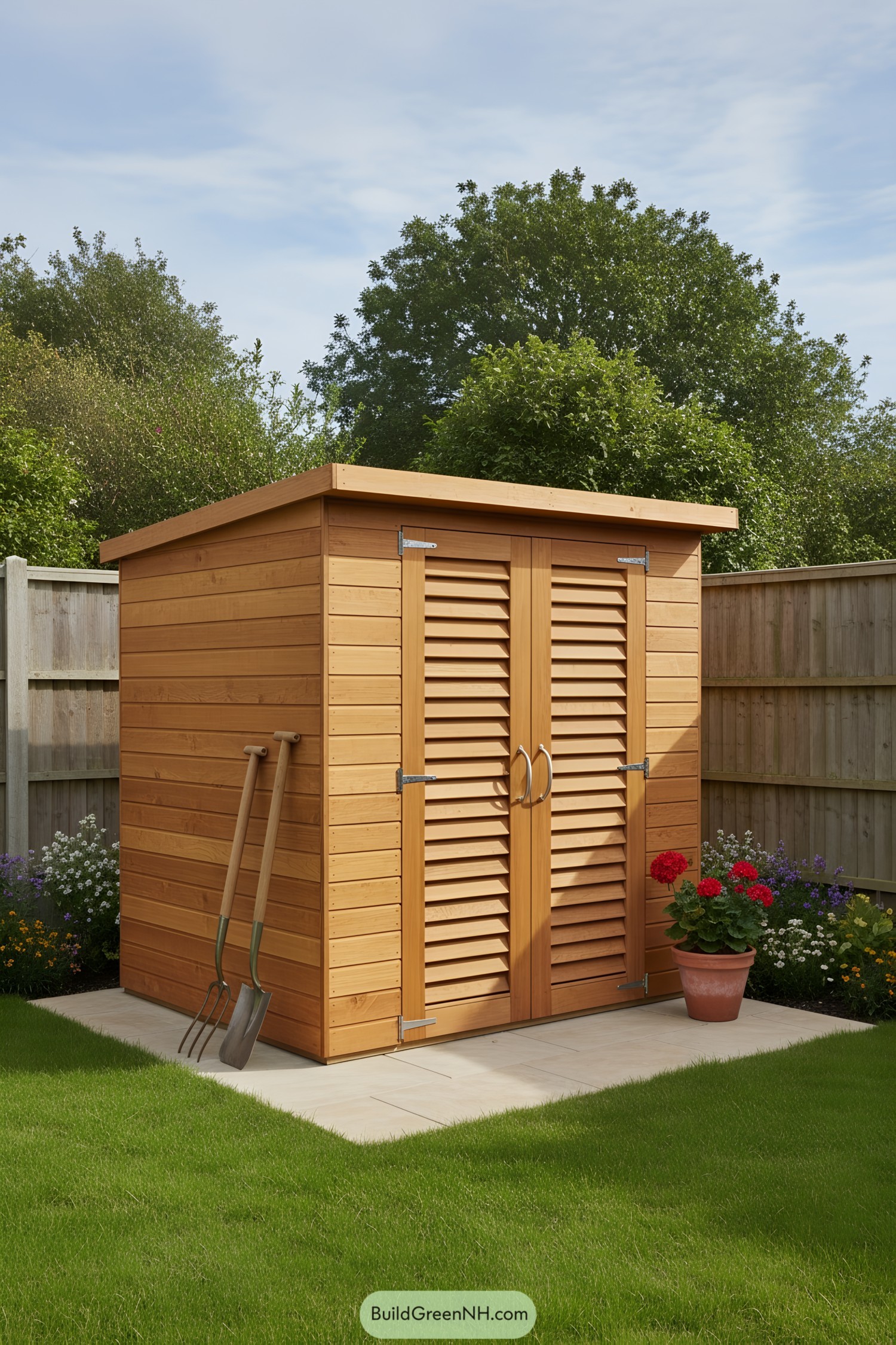 Cedar shed with louvered double doors and flat roof