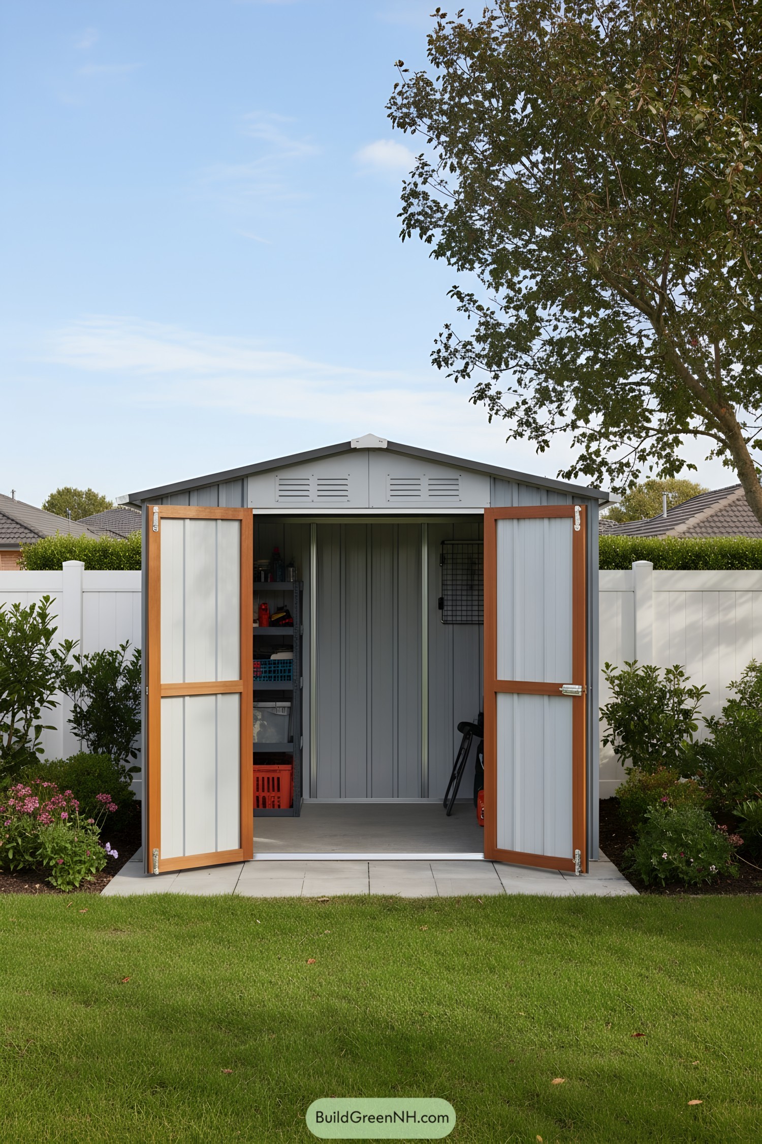 Small steel shed with gable roof and open double doors showing organized storage inside