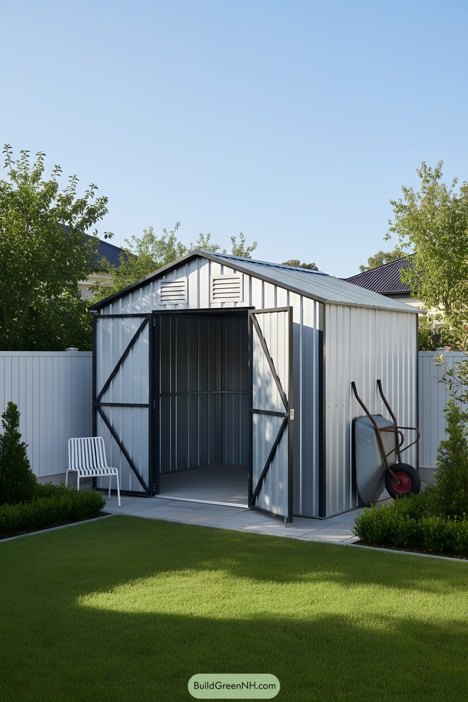 Metal shed with gable roof and open double doors