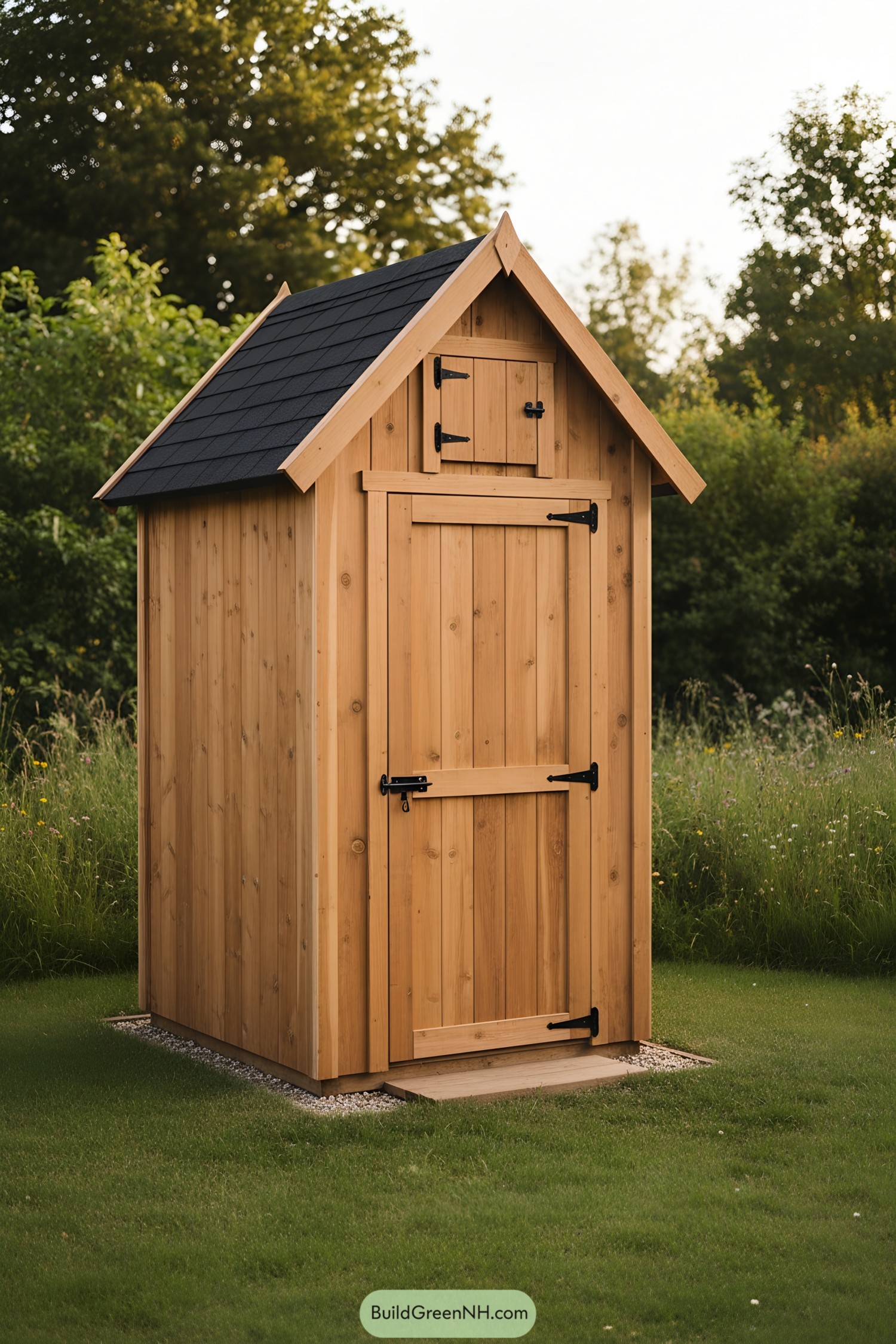 Compact cedar shed with black shingle roof and small upper hatch