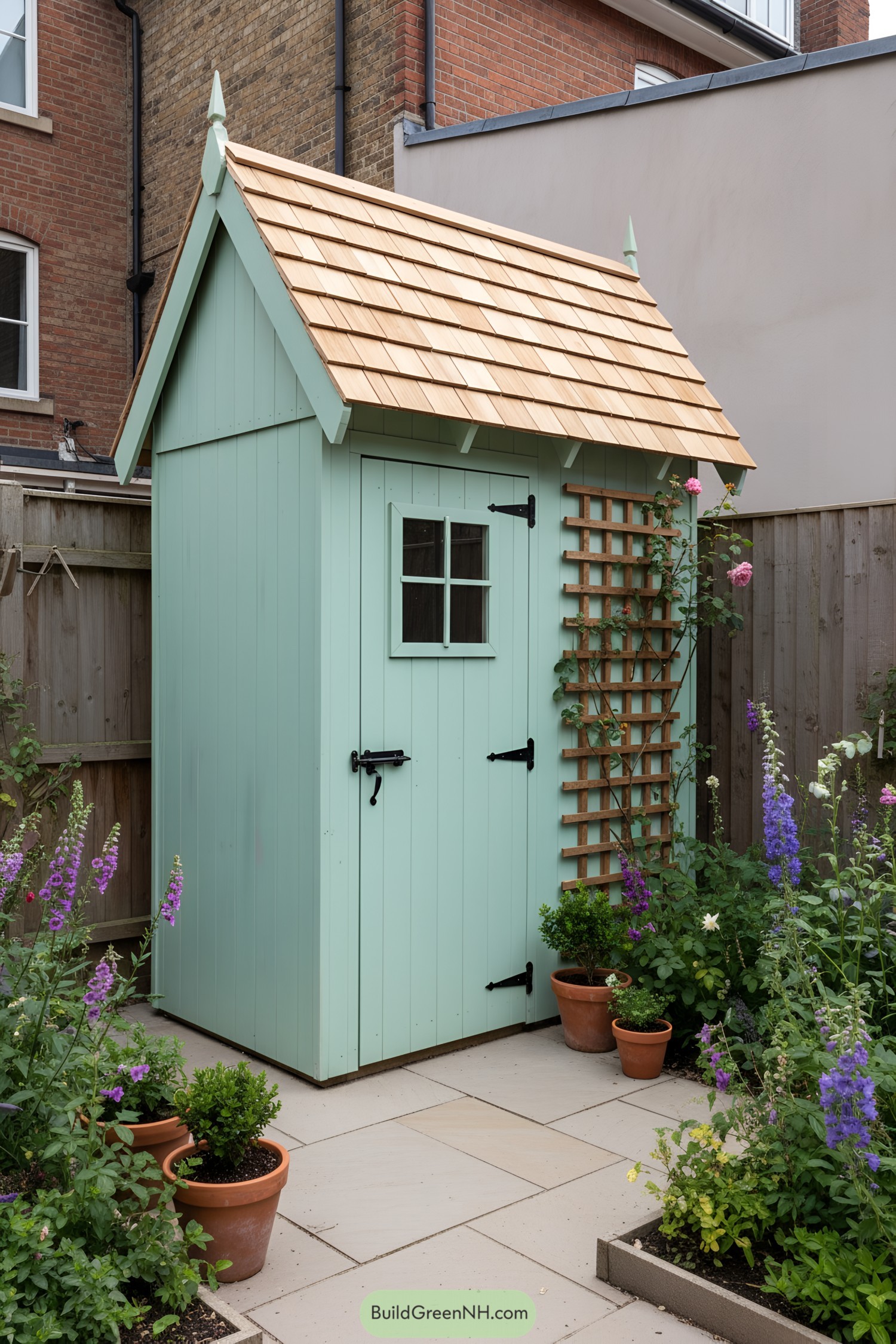 Small mint-green shed with cedar roof and trellis