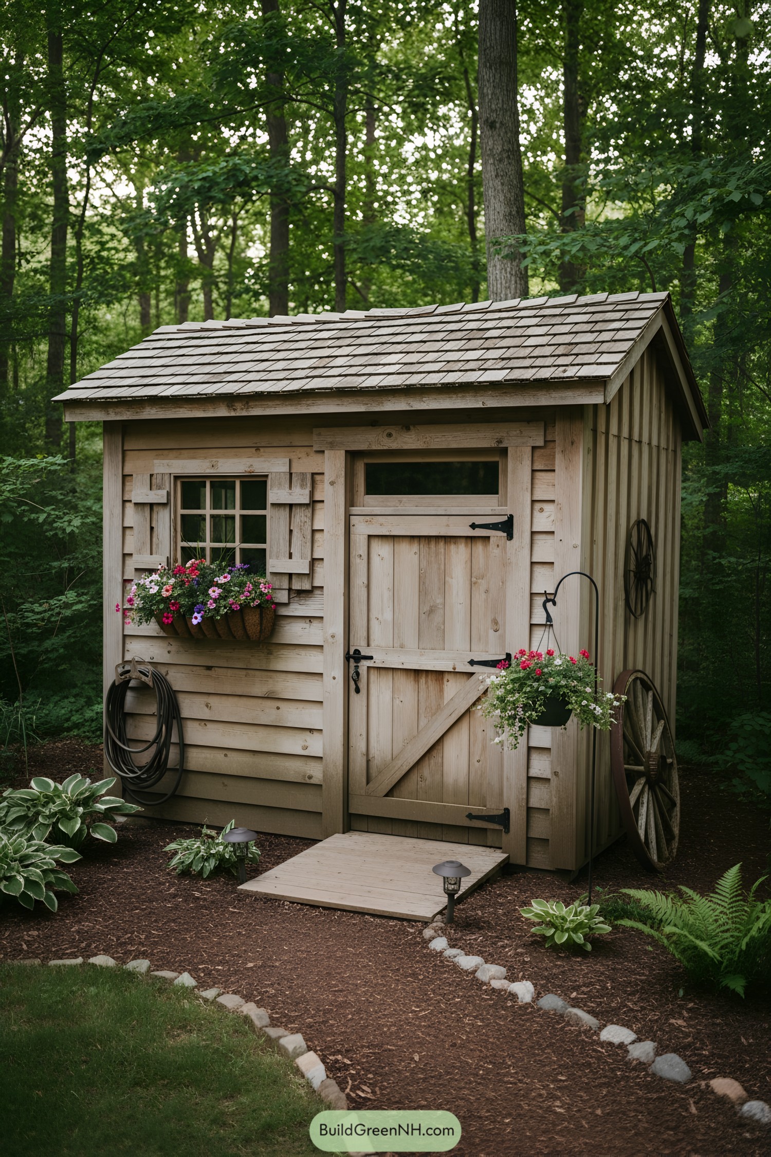 Small rustic wooden garden shed with flower boxes and shingle roof