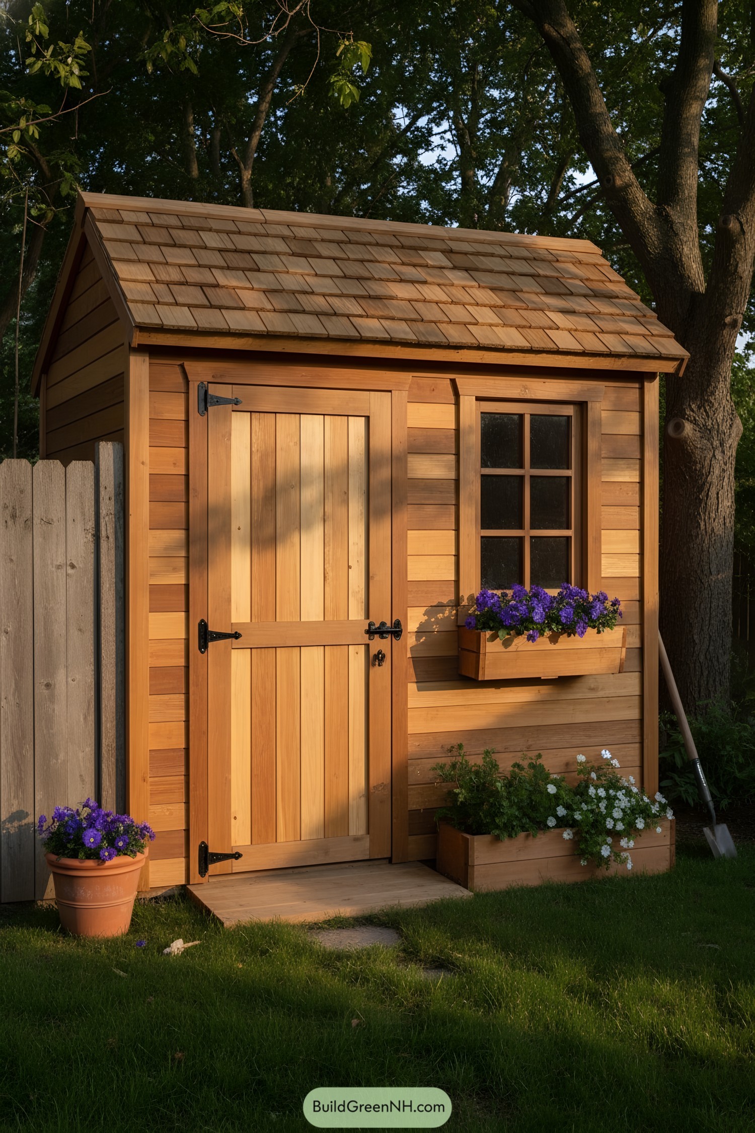 Small cedar shed with window box and shingled roof