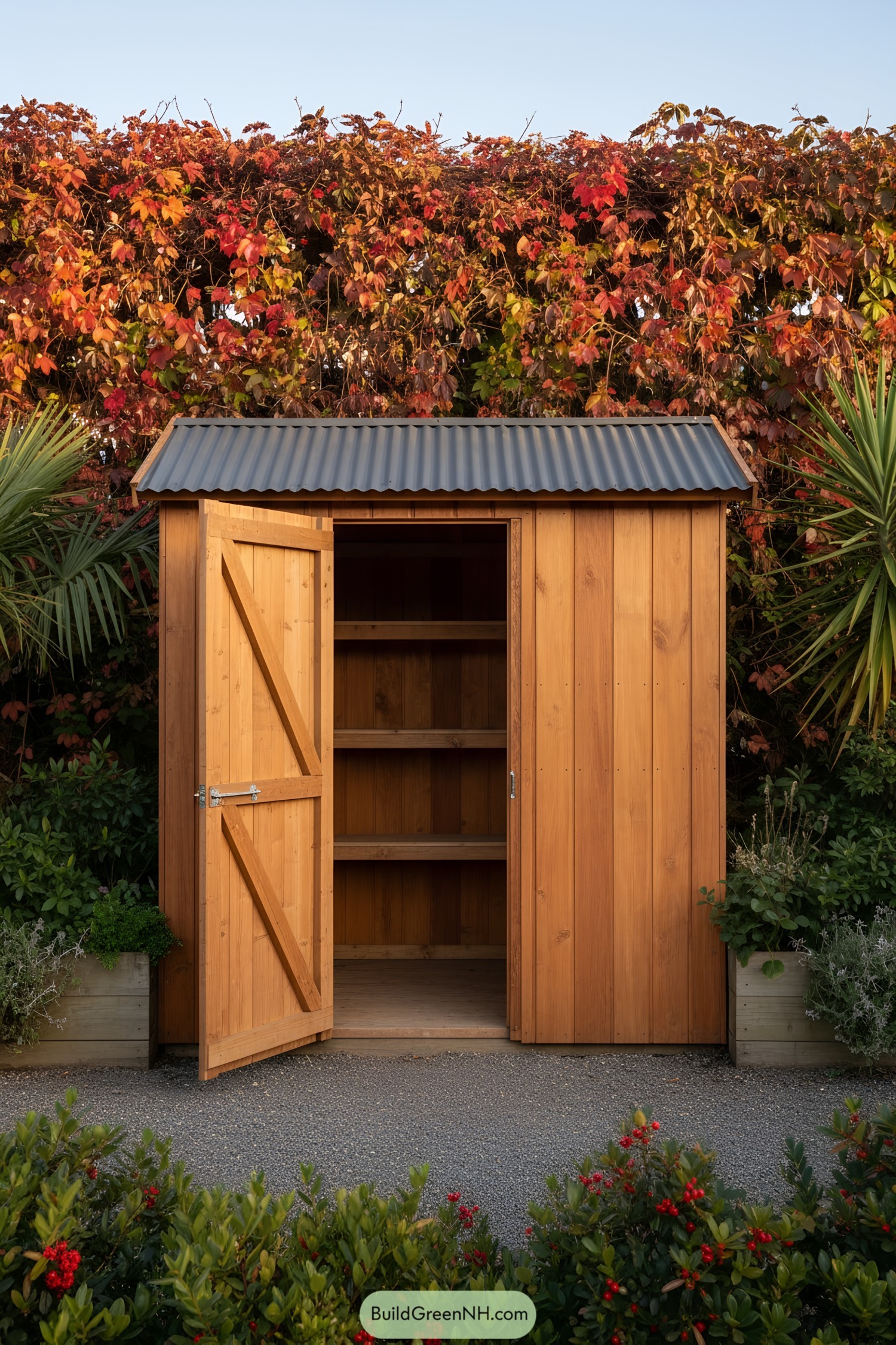 Small cedar shed with corrugated roof and open door revealing shelves