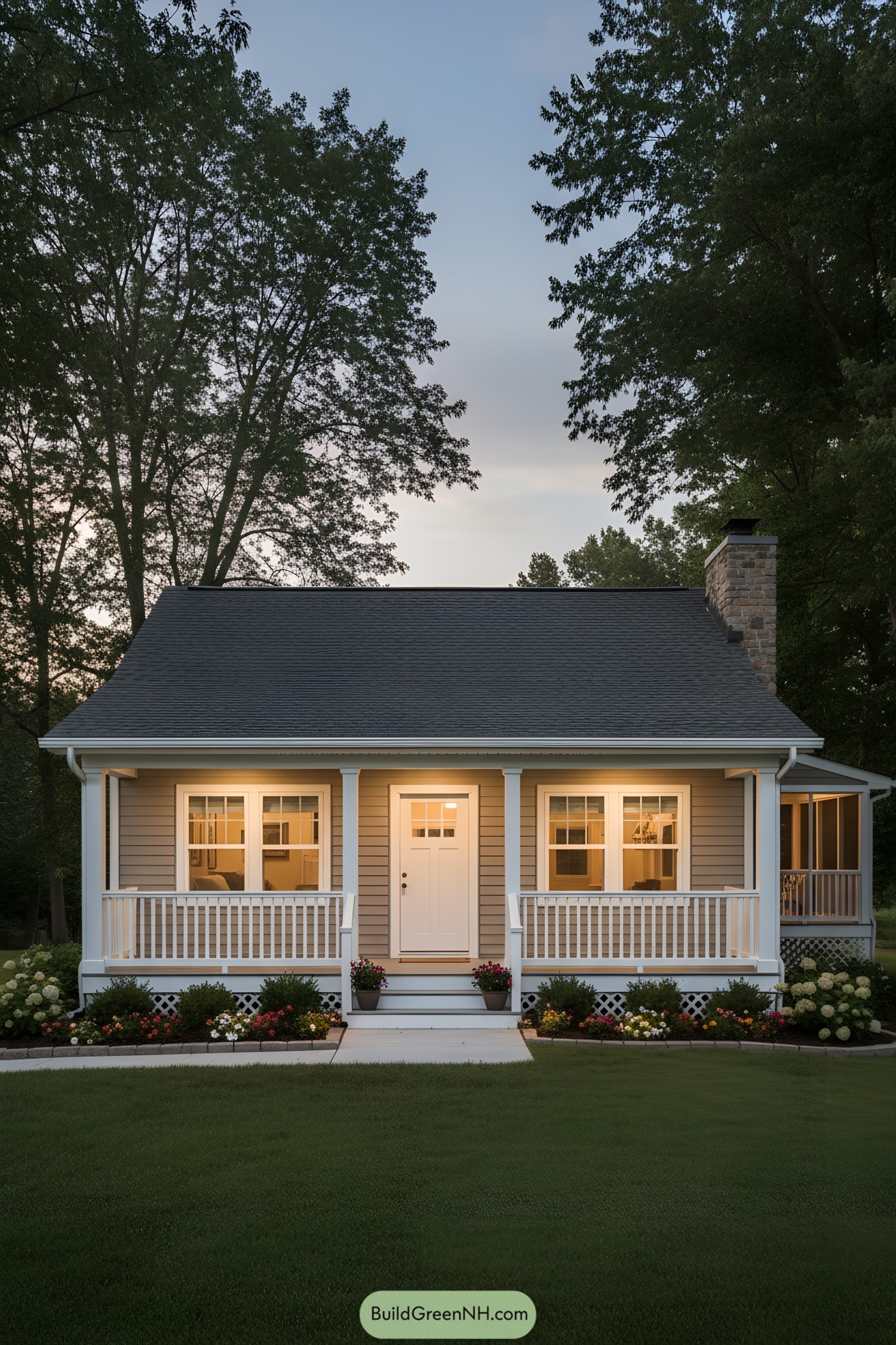 Cozy beige ranch with lit porch and white railing at dusk