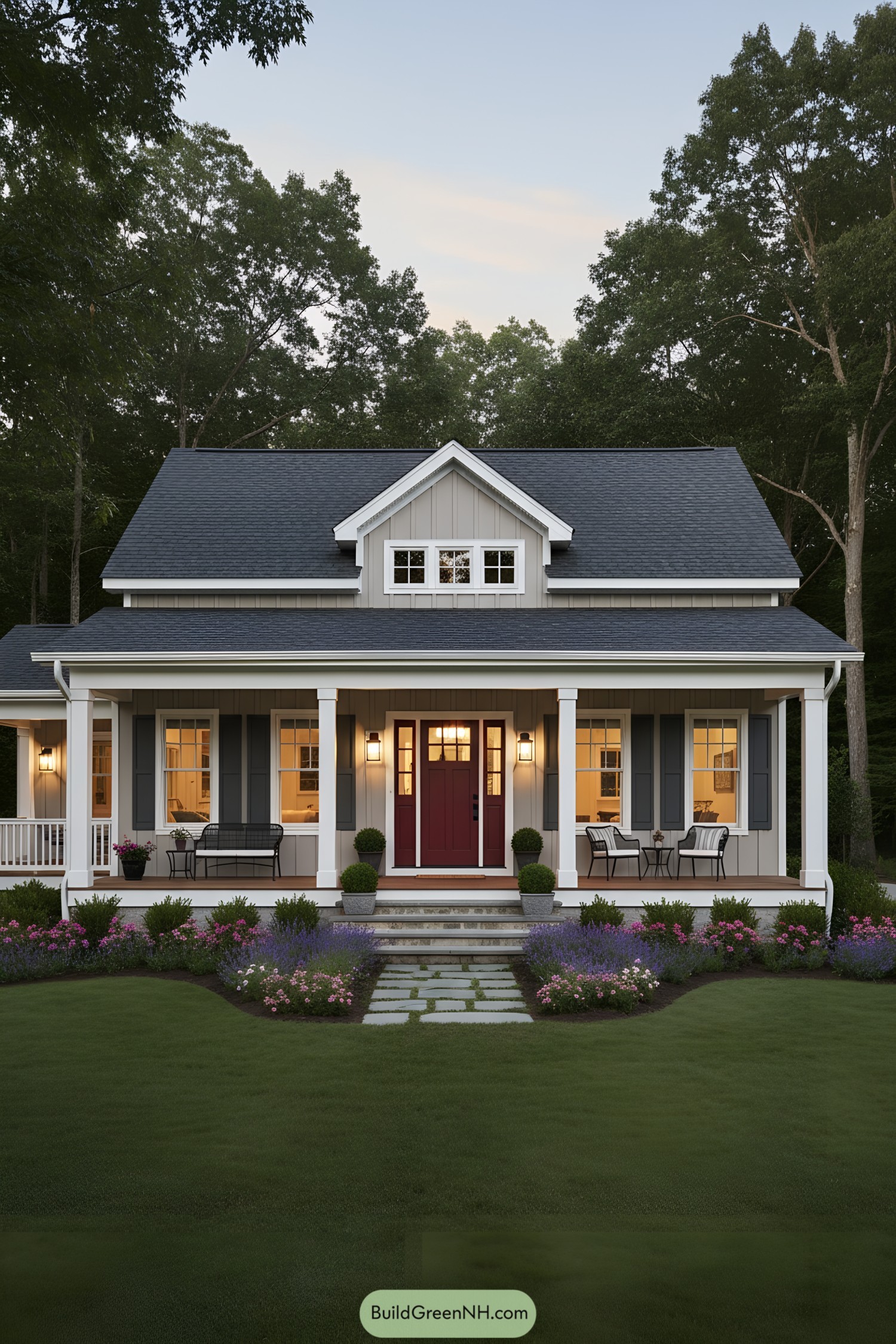 Small ranch with red front door, wide porch, and dormer