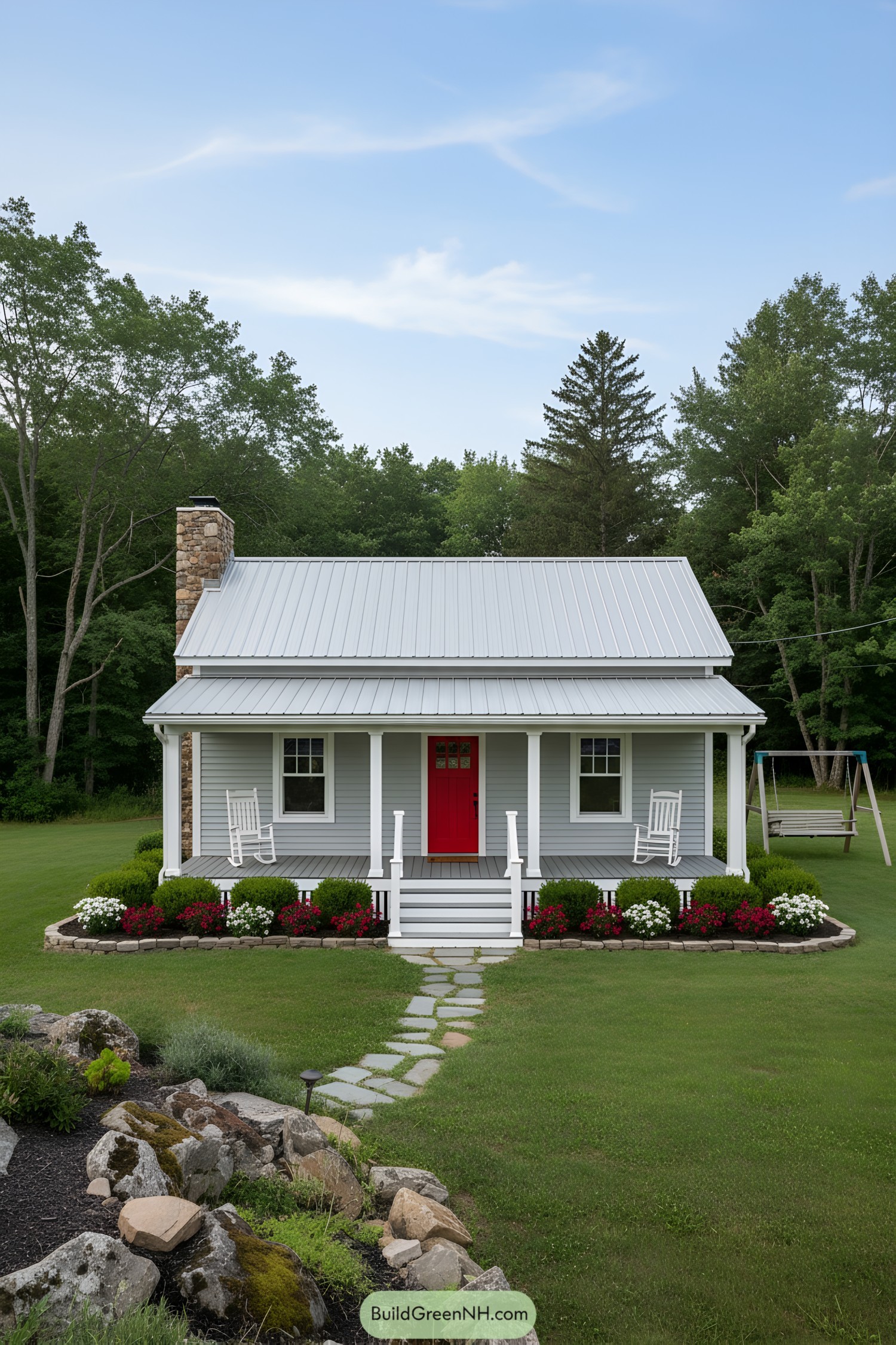 Small gray ranch with metal roof, columned front porch, stone chimney, bright red door, and manicured flower beds