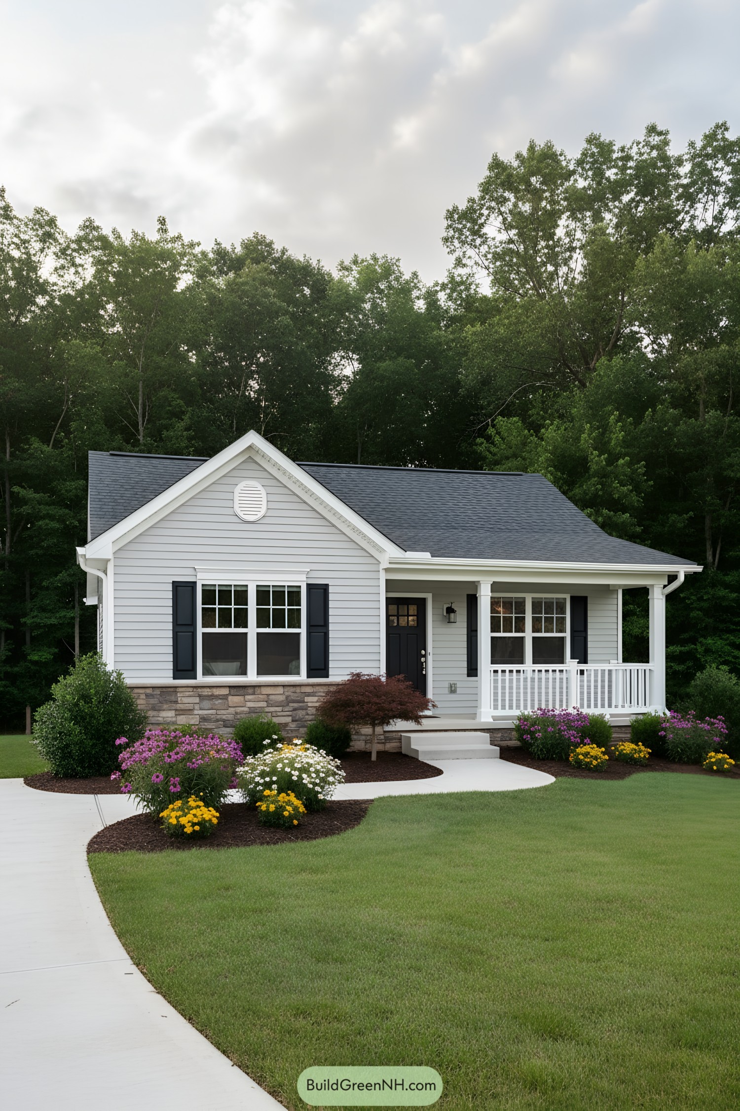 Small gray ranch with black shutters, stone accent base, and a cozy white-railed porch set amid lush landscaping