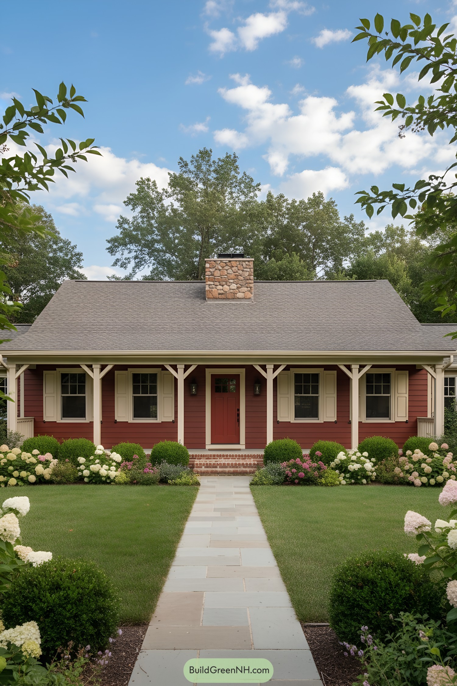 Red ranch with stone chimney, covered porch, cream shutters, and lush garden path