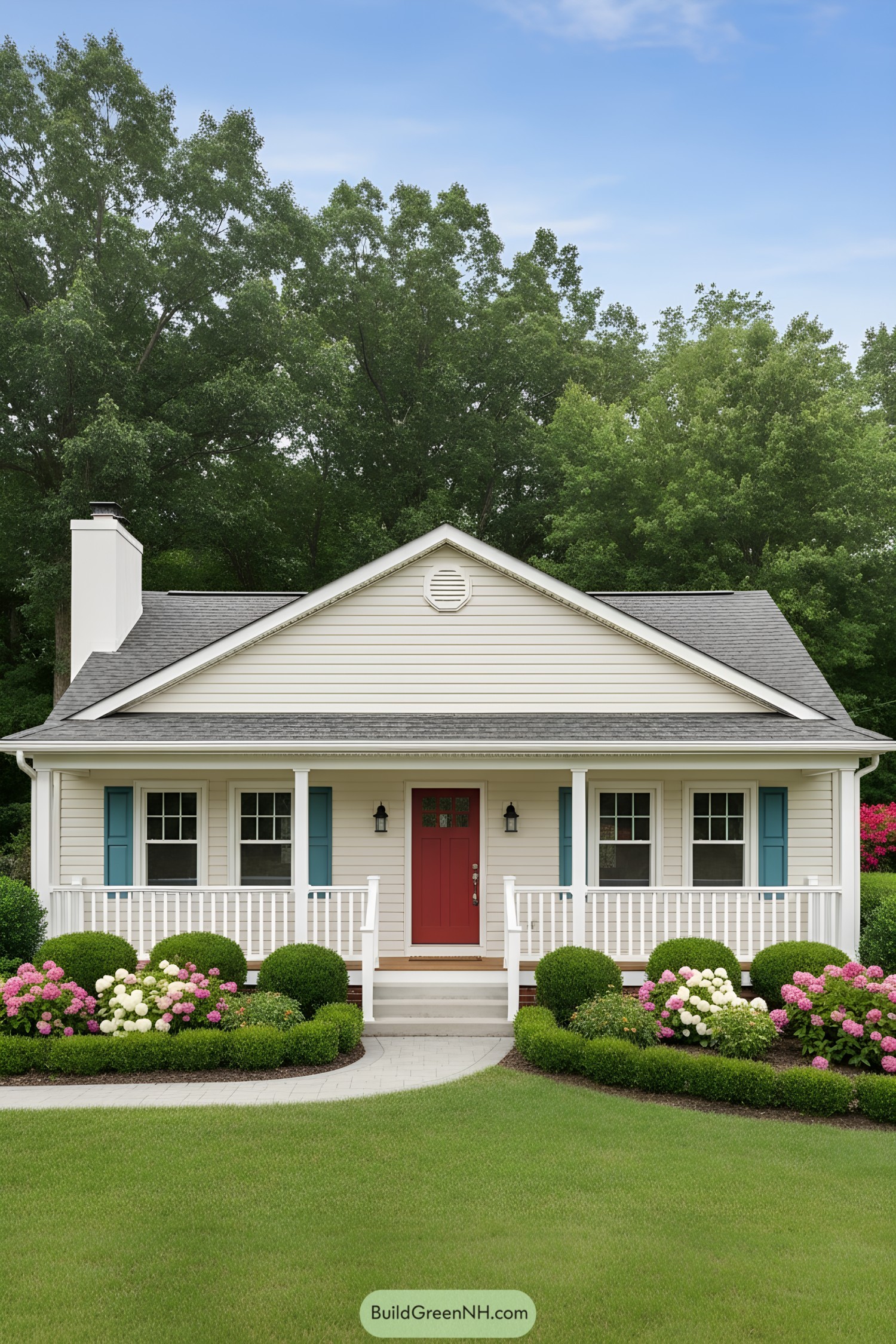 Small ranch with front porch, red door, blue shutters, and tidy landscaping