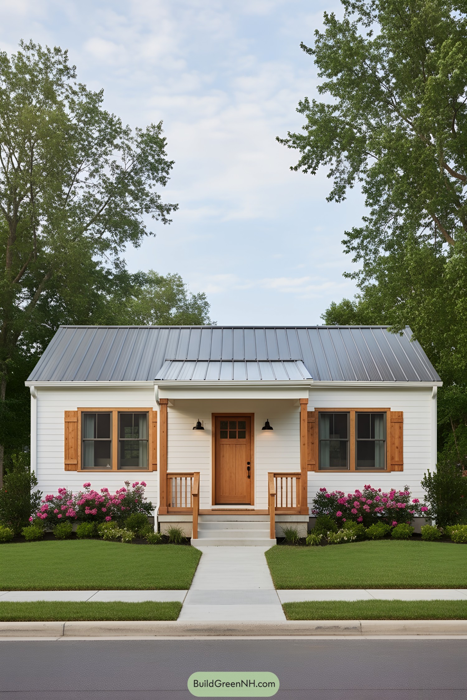 Small white ranch with cedar shutters, tin-like metal roof, and a cozy front porch framed by pink shrubs