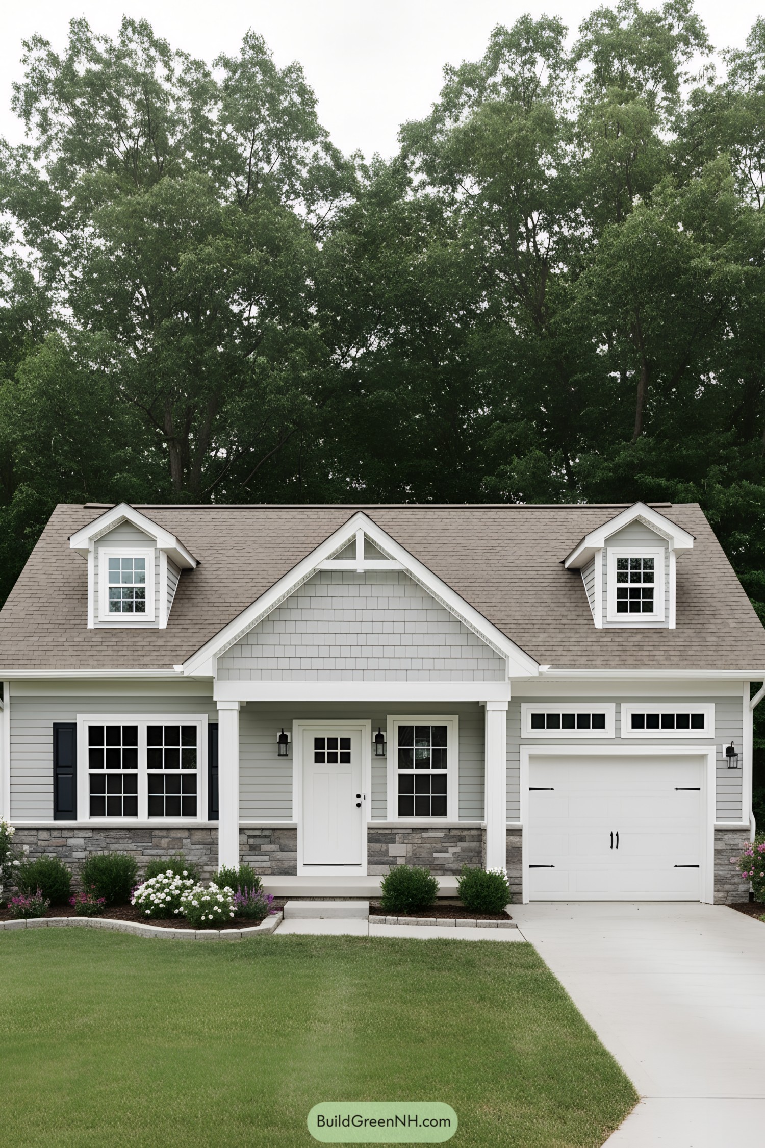 Gray-clad ranch with gable trim and dormers