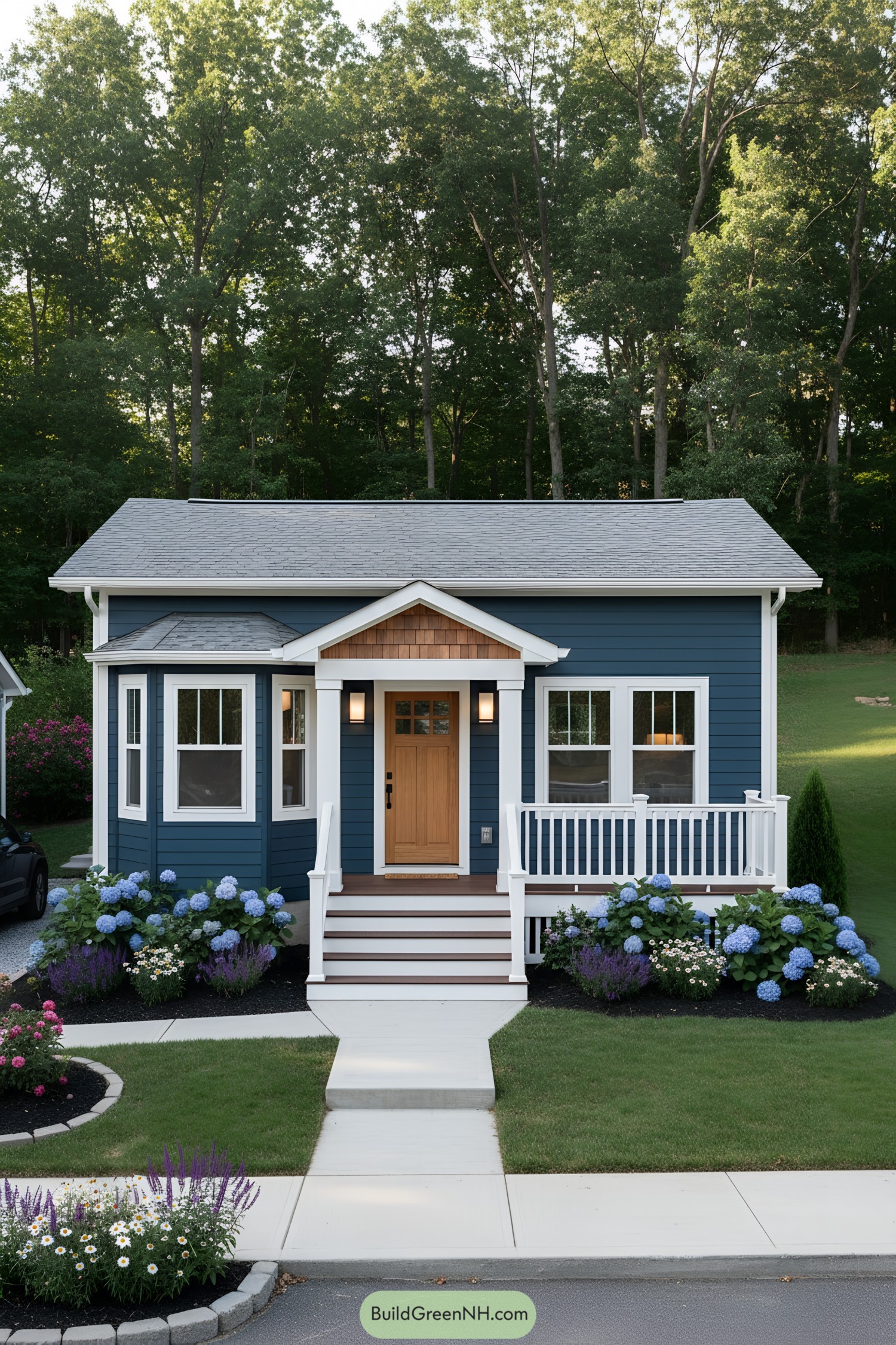 Navy ranch house with white trim and hydrangeas