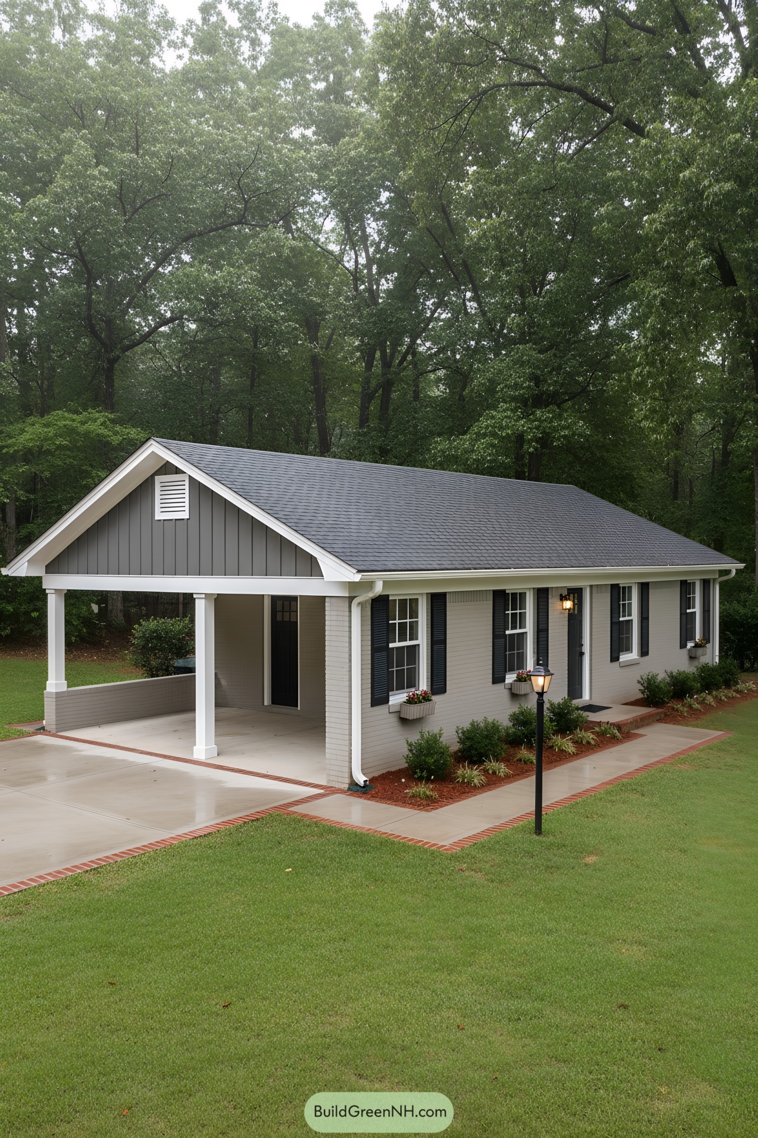 Compact gray-brick ranch with gabled carport and black shutters