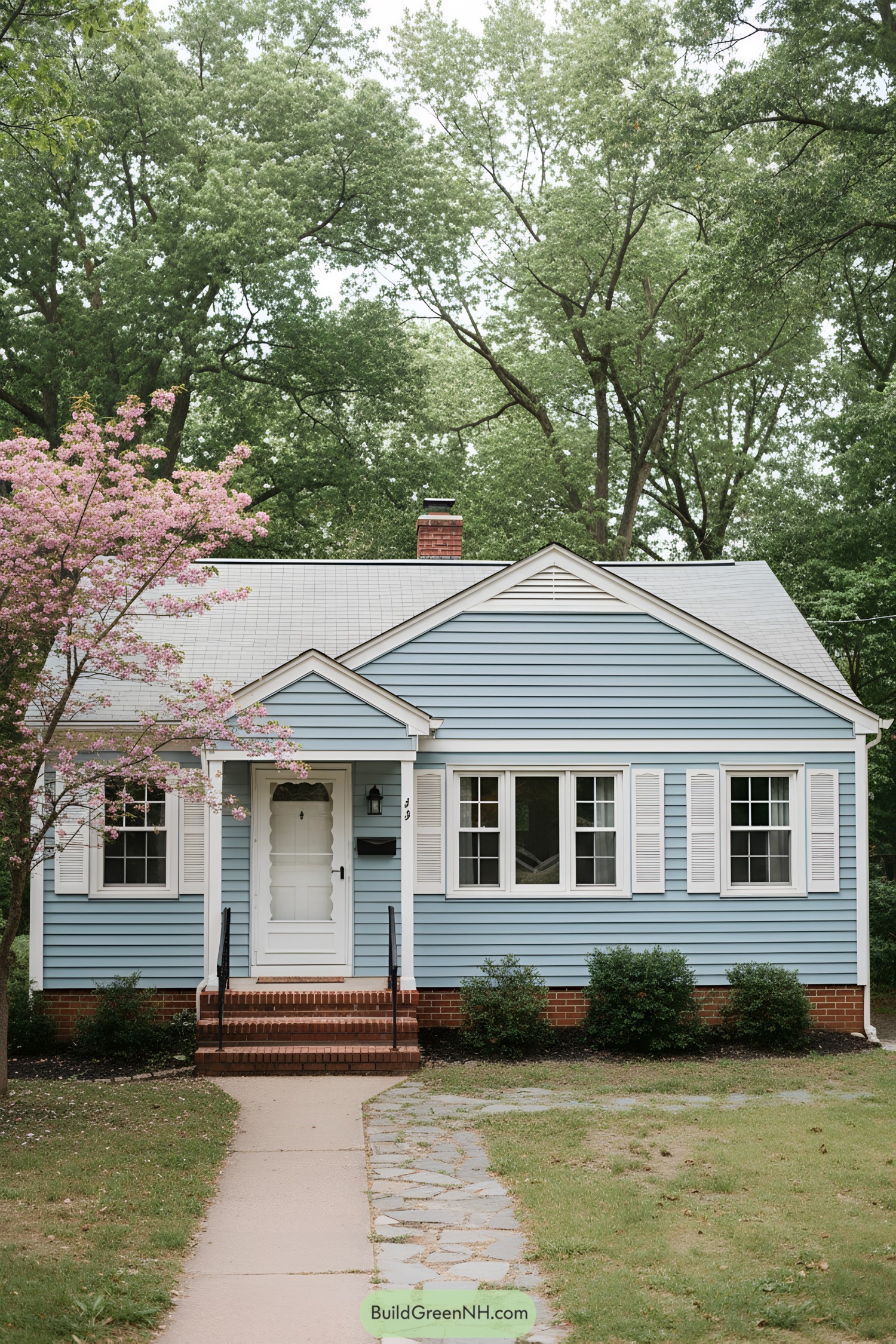 Blue clapboard ranch with white trim and brick steps under tall trees