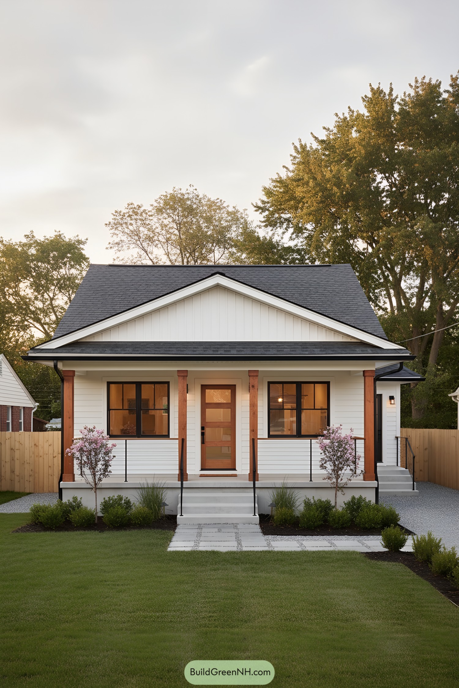 Compact white ranch with warm wood columns and black-trim windows, centered front steps, and tidy landscaping