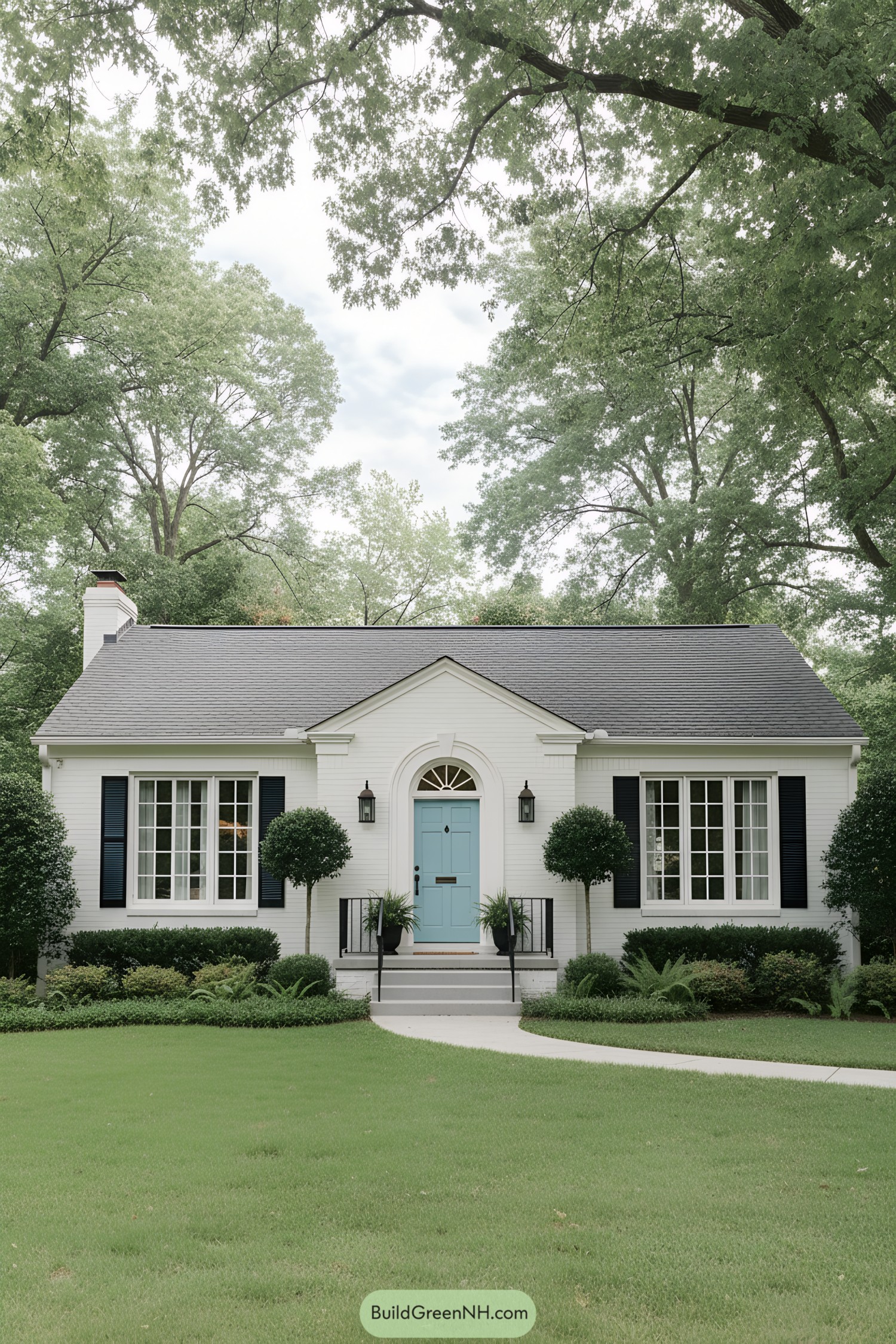 White ranch with arched portico and blue door