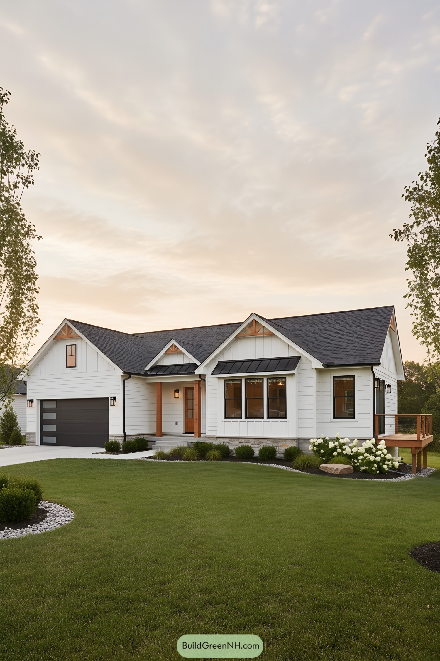 White board-and-batten ranch with black roof and warm wood accents at dusk