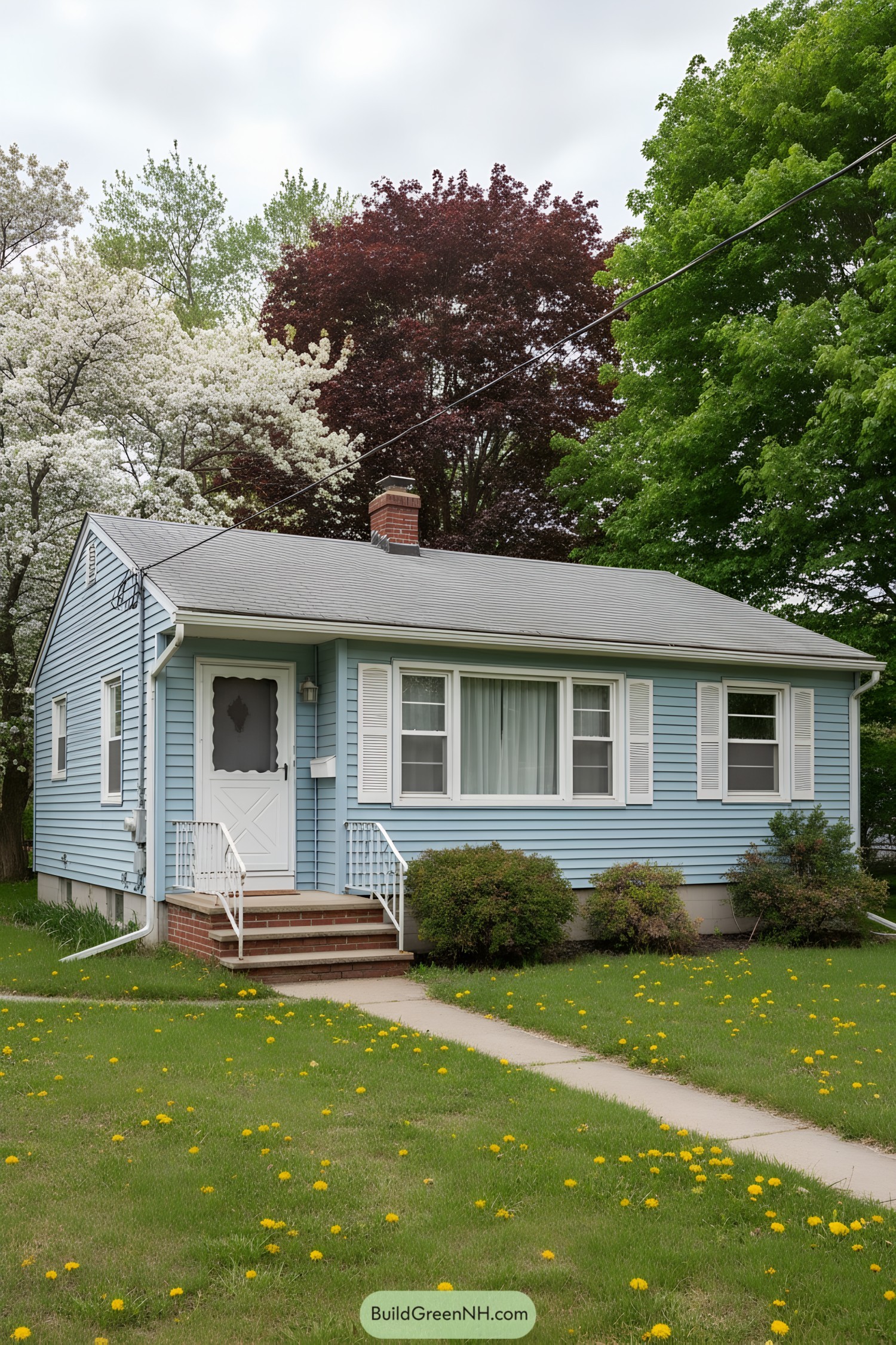 Small blue ranch with white trim, front stoop, and blooming trees
