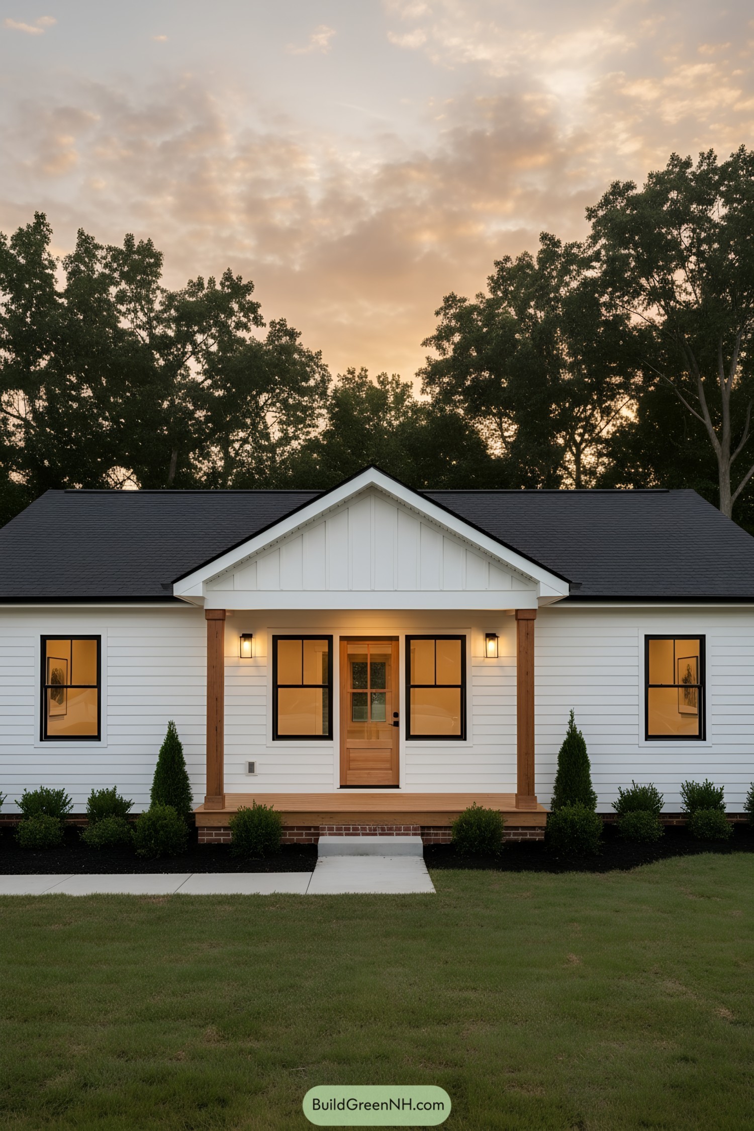 White ranch house with wood-accent porch