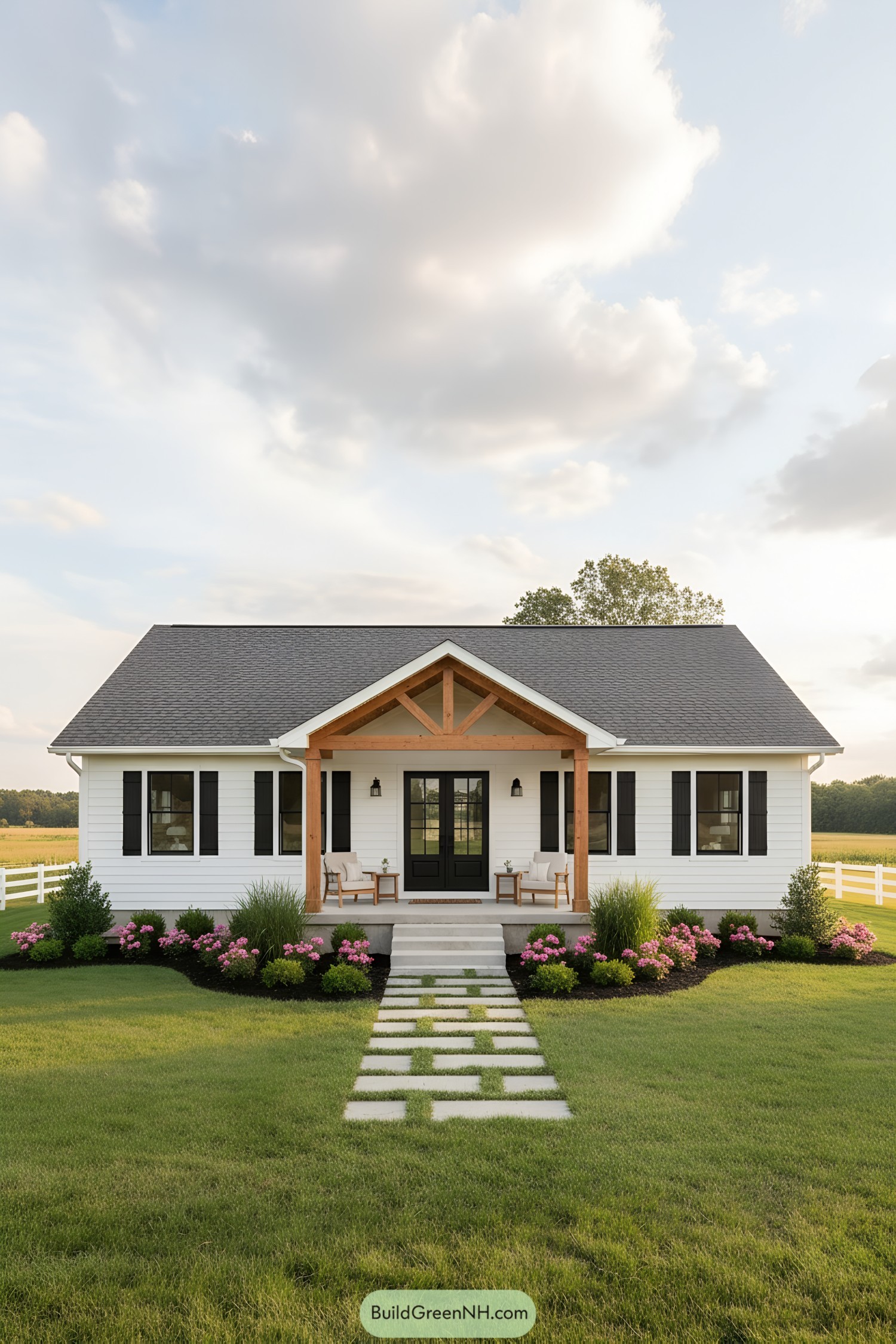 White ranch house with timber porch, black shutters, and a stepping-stone path through a manicured lawn