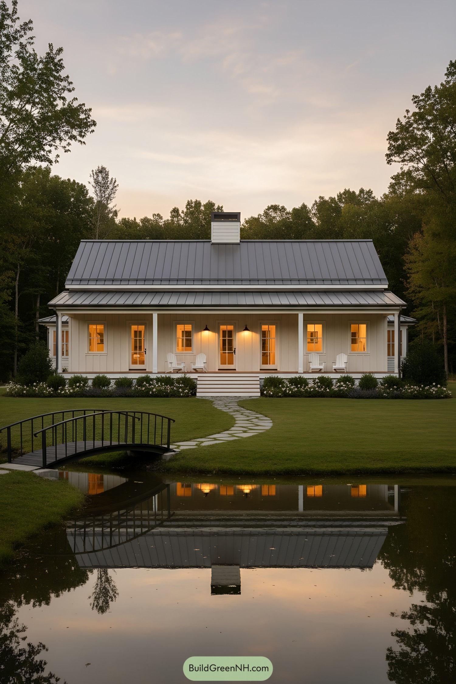 Small white ranch with metal roof, wide front porch, and pond reflection at dusk