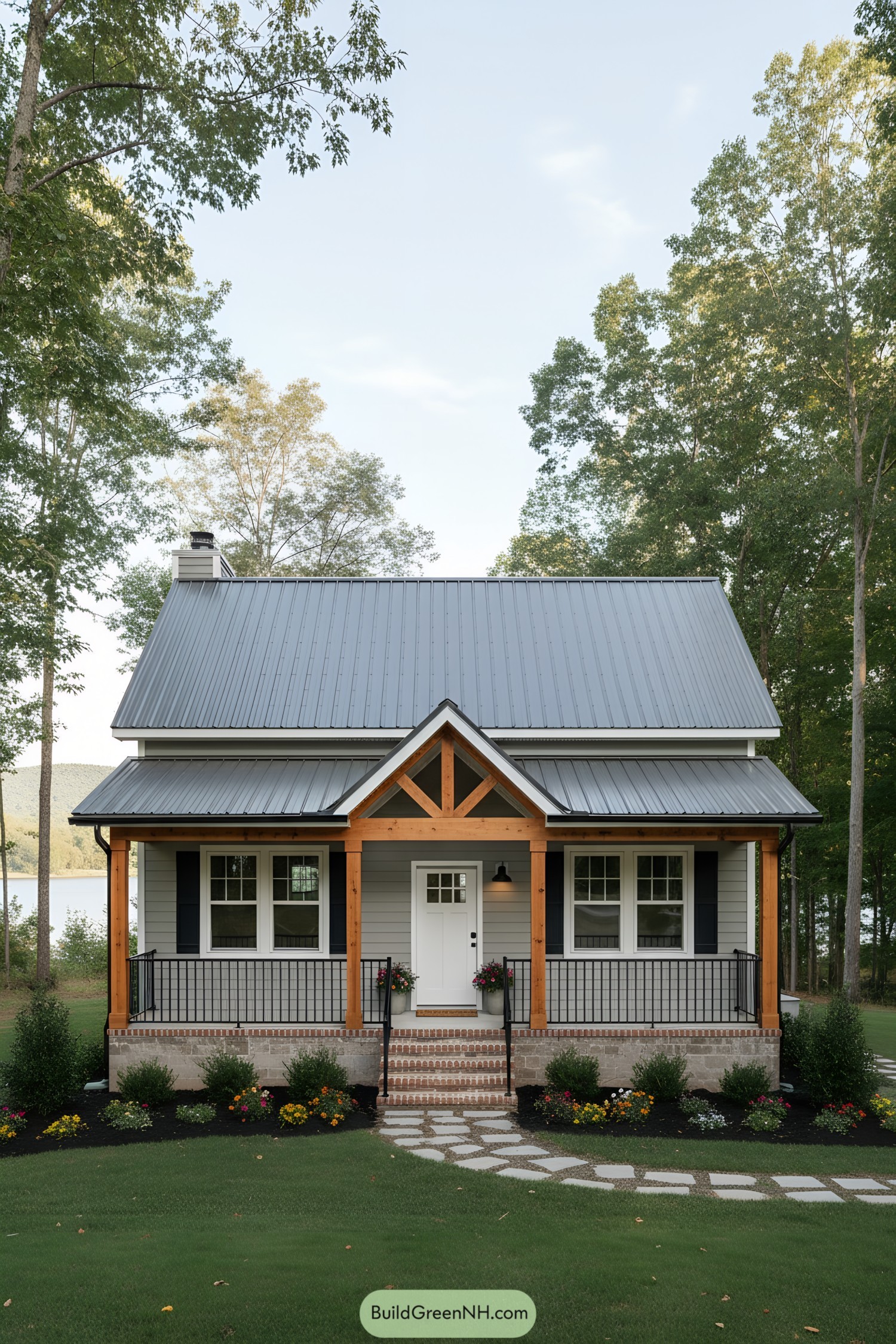 Compact cottage with metal roof and timber porch