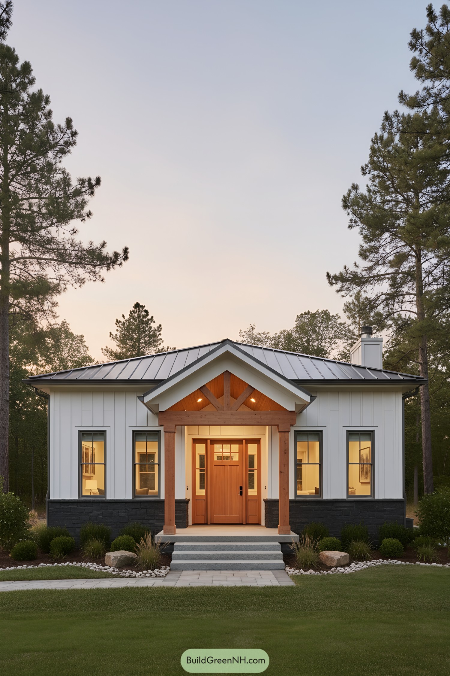 Compact white ranch with timber gabled porch and metal roof at dusk