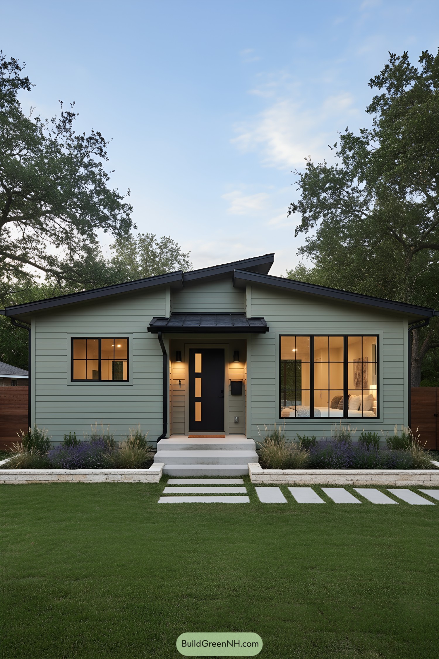 Compact green ranch with black metal roof, centered entry, and large grid windows