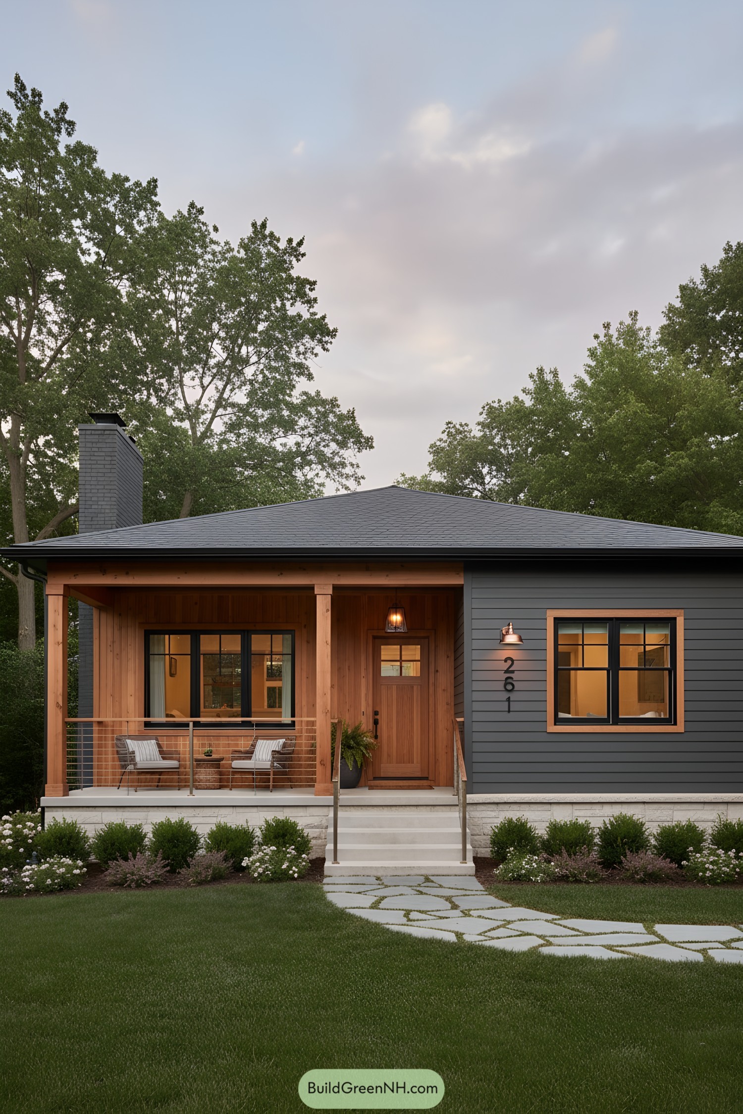 Small ranch with cedar porch and dark siding