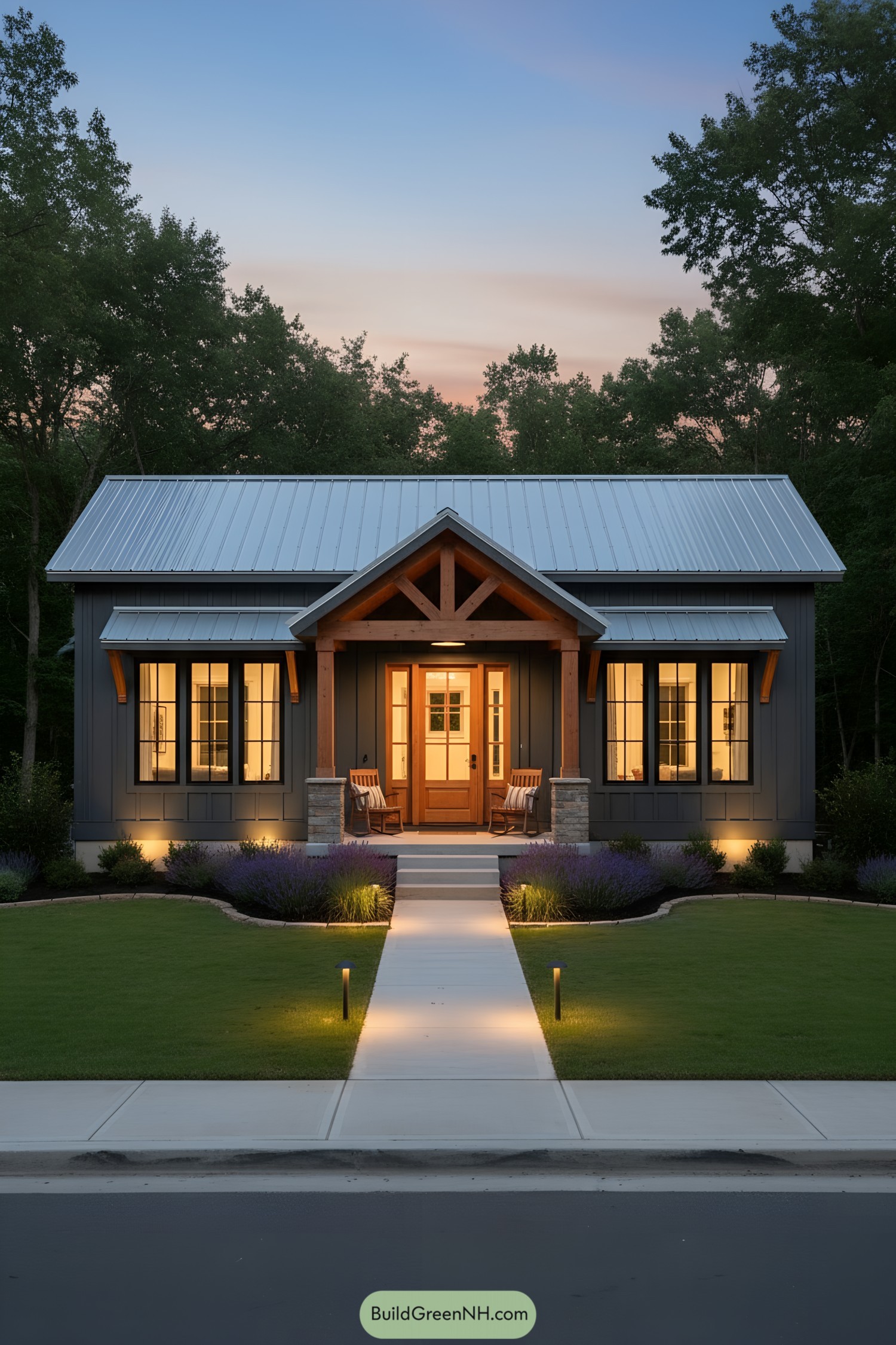 Cozy ranch with metal roof and lit porch