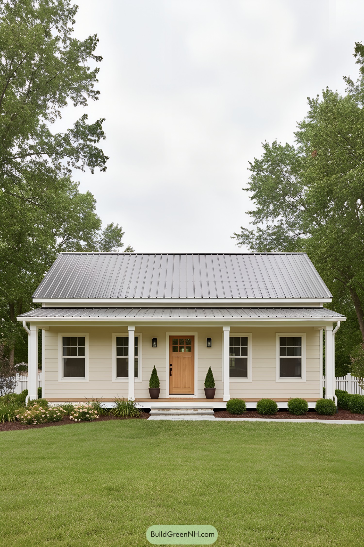 Small cream ranch with metal roof and simple front porch