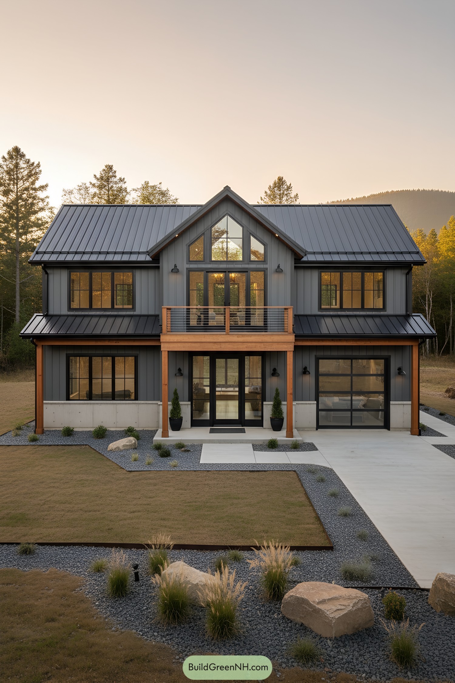 Two-story steel farmhouse with charcoal siding, metal roof, and glass garage door