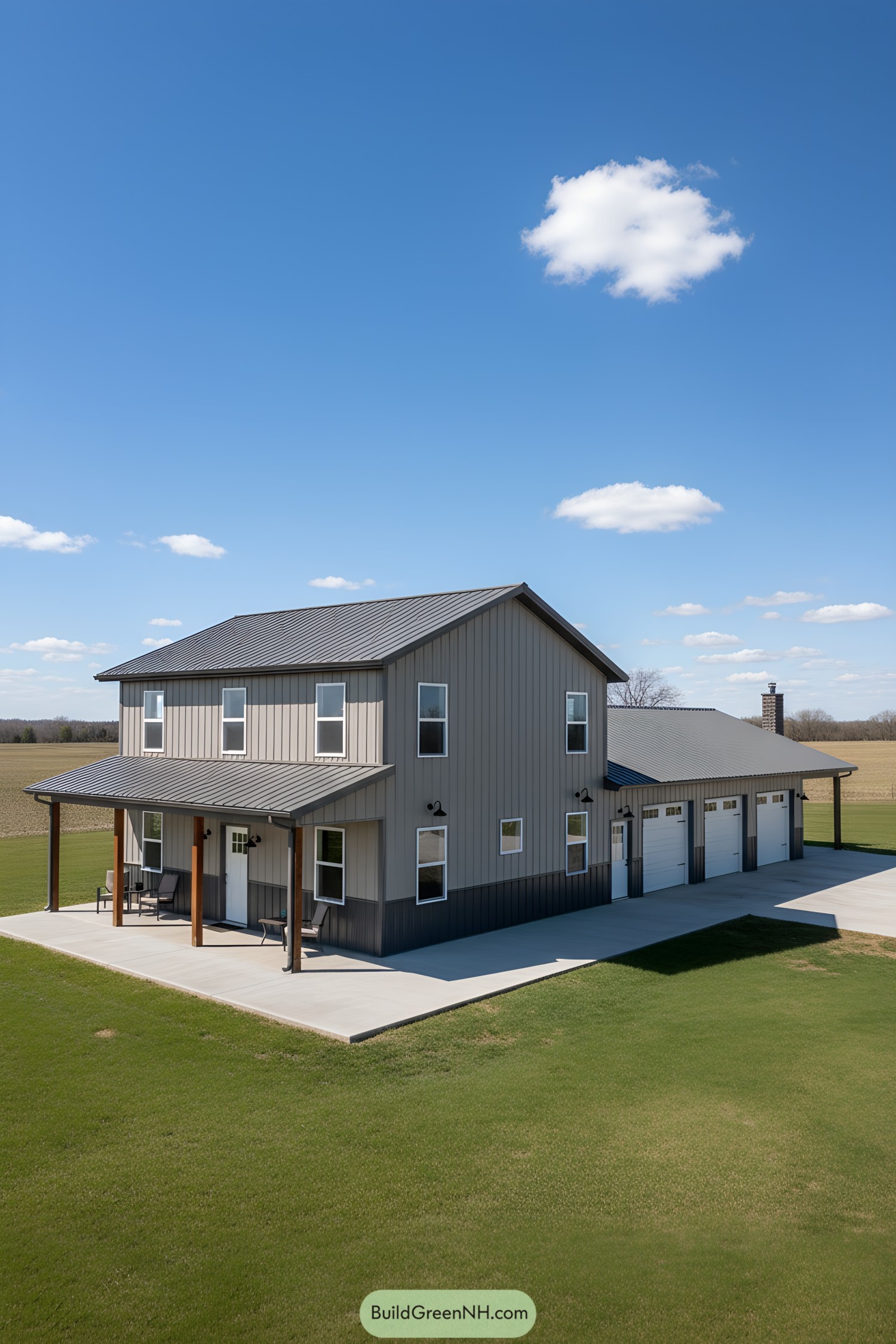 Two-story gray steel barndominium with porch and three-bay garage