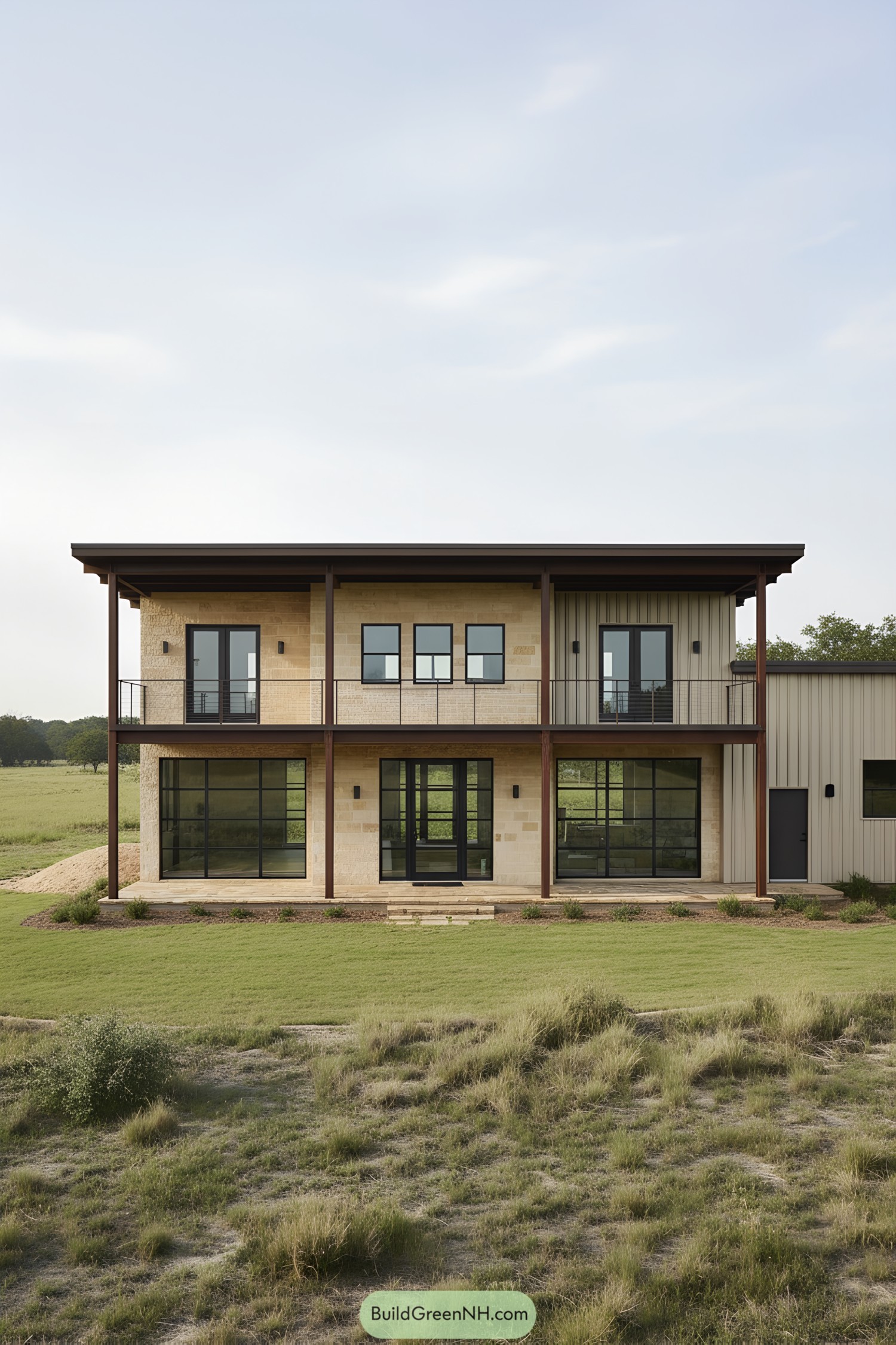 Two-story steel home with stone and glass