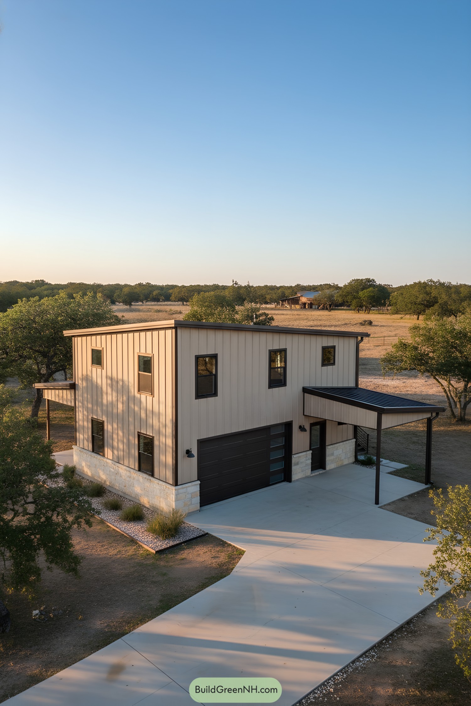 Two-story tan steel home with black accents and carport