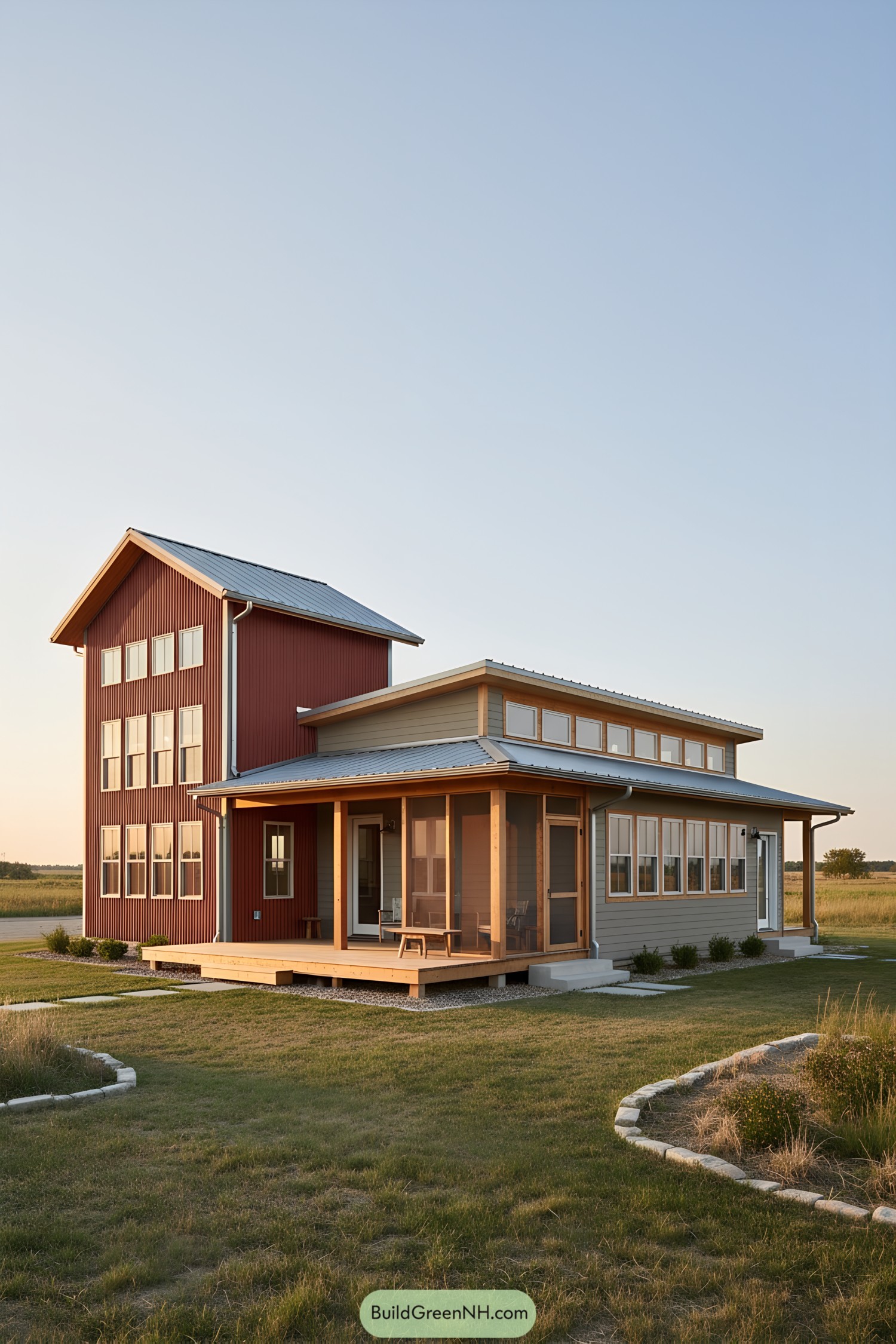 Two-tone steel farmhouse with tall red tower, clerestory windows, and wraparound porch