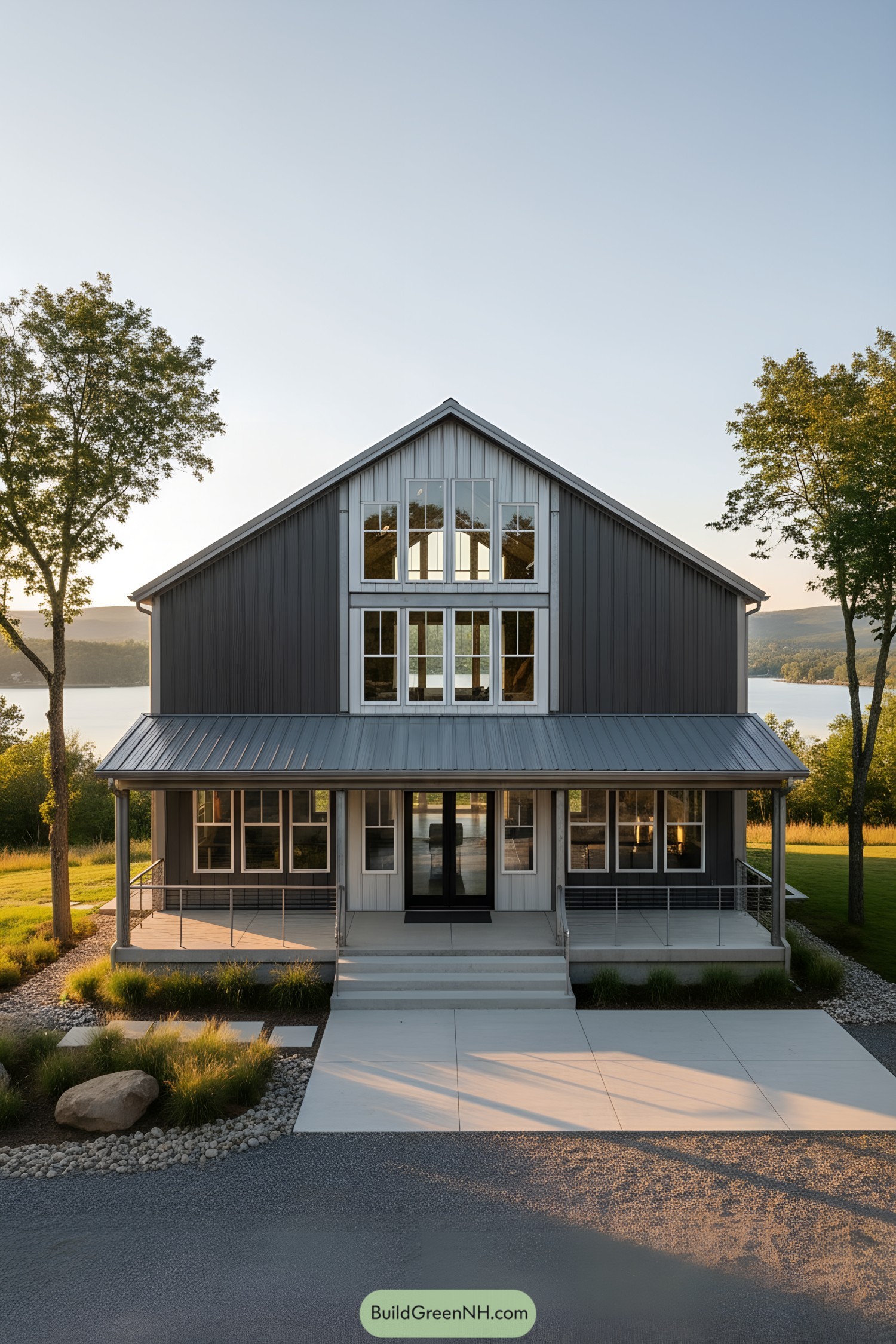 Two-story steel farmhouse with gabled roof and wraparound porch facing a lake; dark gray vertical siding with white window trim