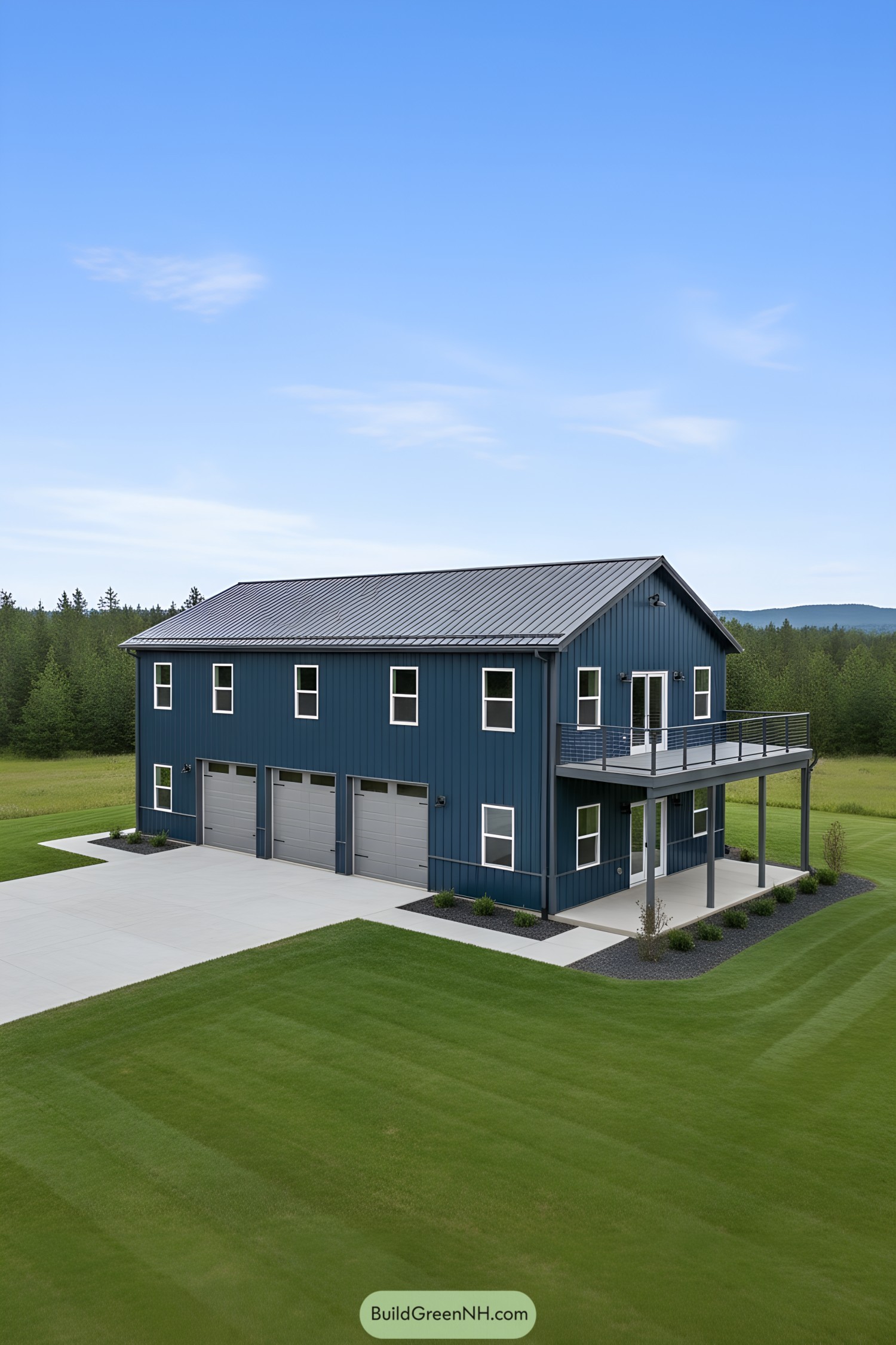 Two-story blue steel house with deck