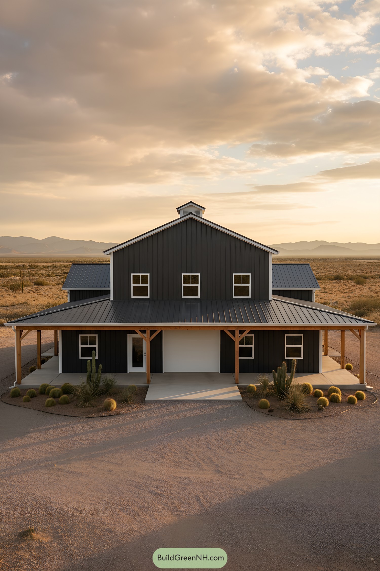 Black metal barndominium with wraparound porch