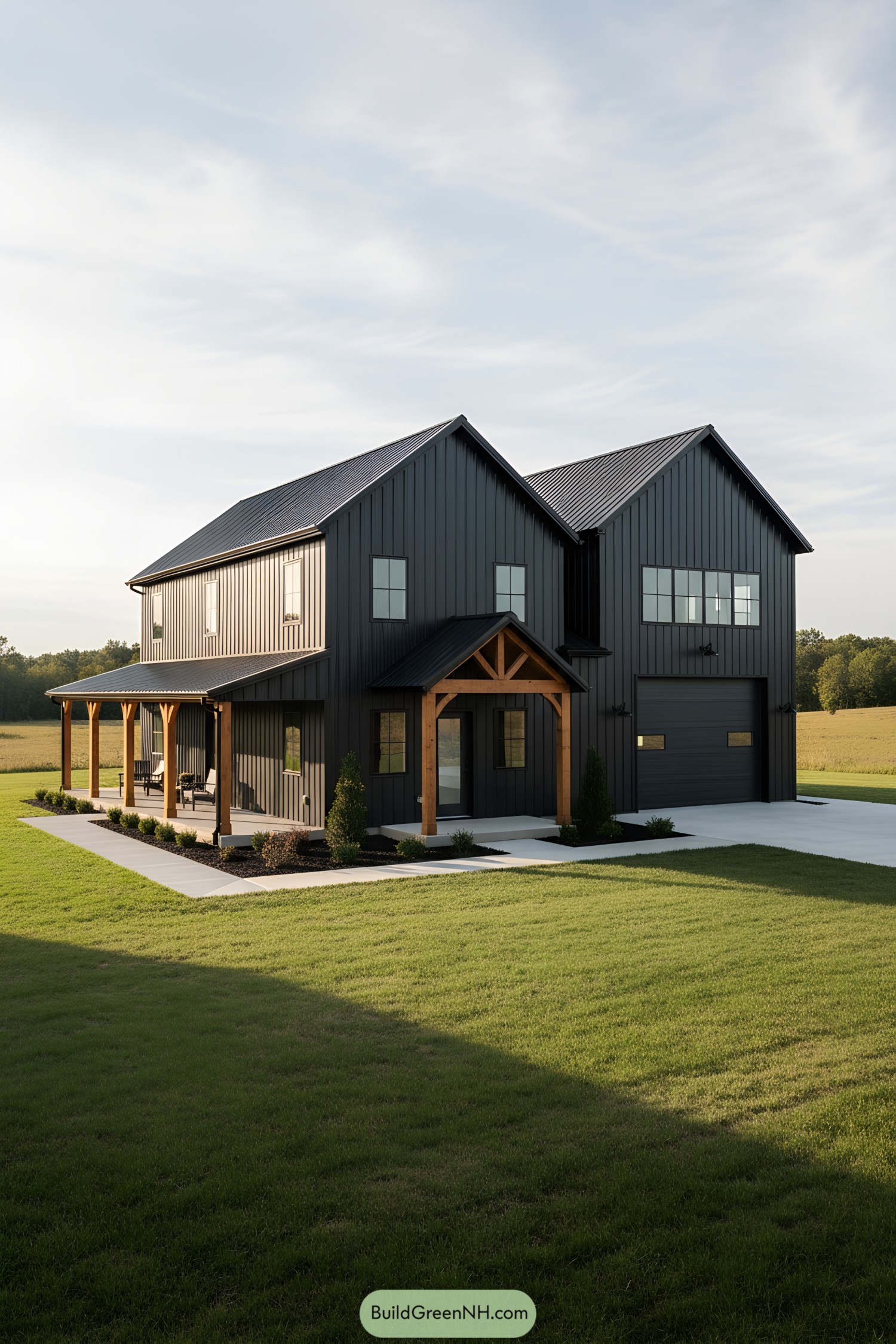 Dark steel farmhouse with timber accents