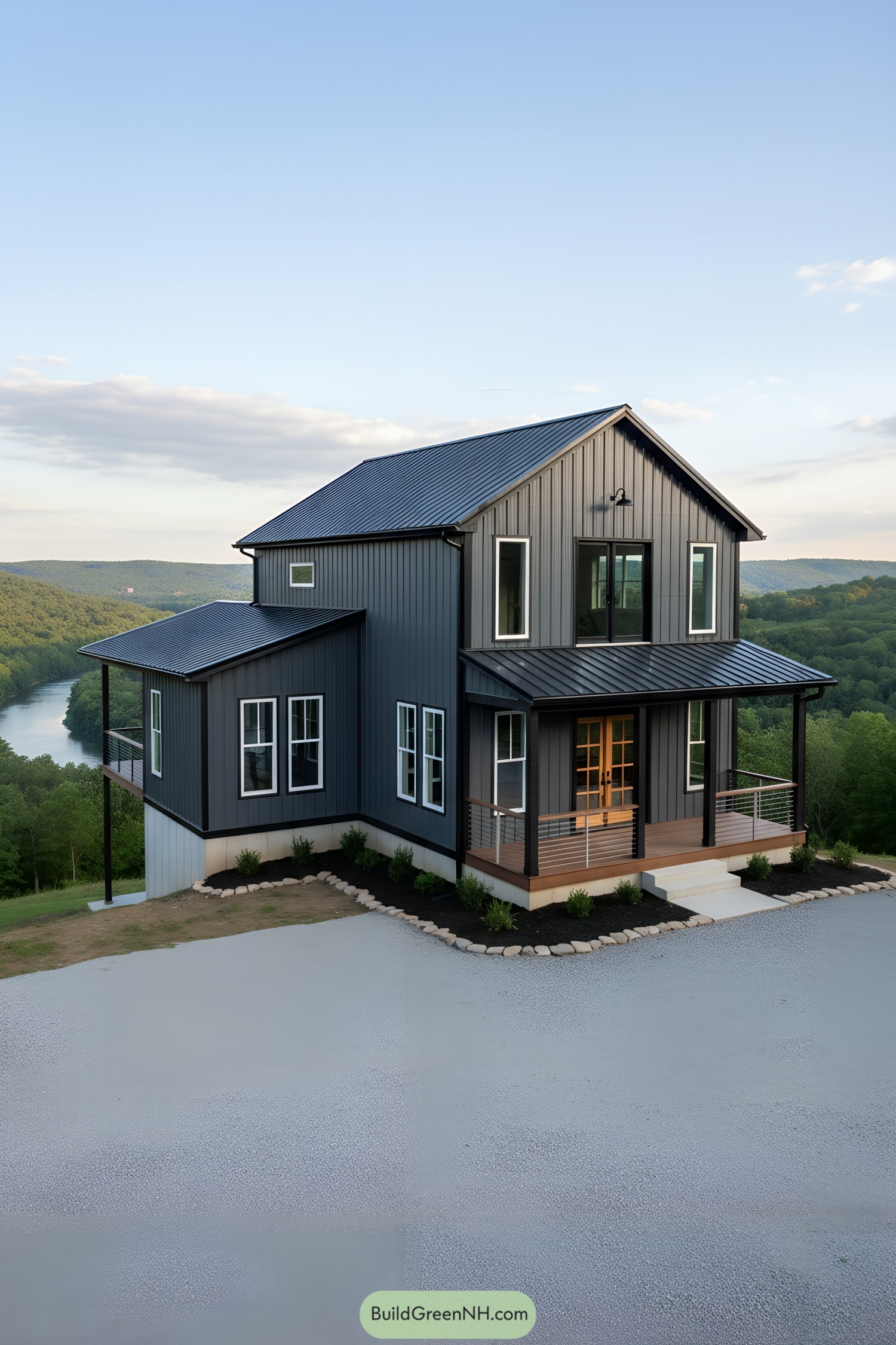 Two-story steel farmhouse on hillside